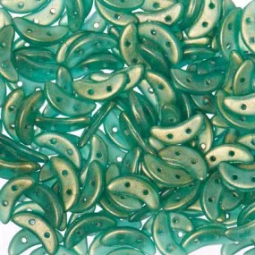 10mm Sueded Gold Atlantis Green 2-Hole Crescent CzechMates Czech Glass Beads