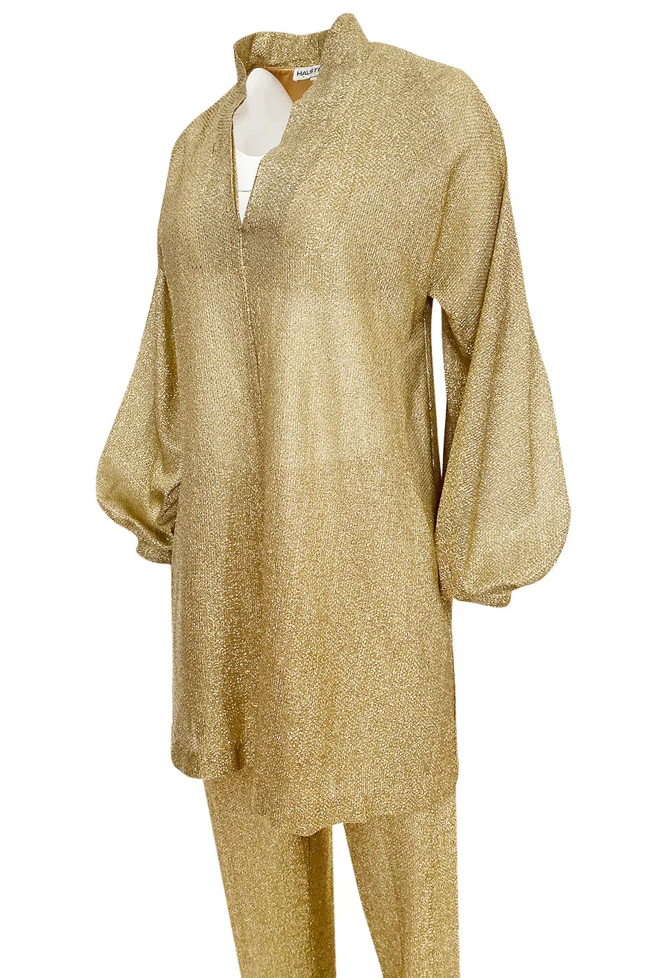 1970s Halston Bright Gold Metallic Lame Lurex Top & Pant Set