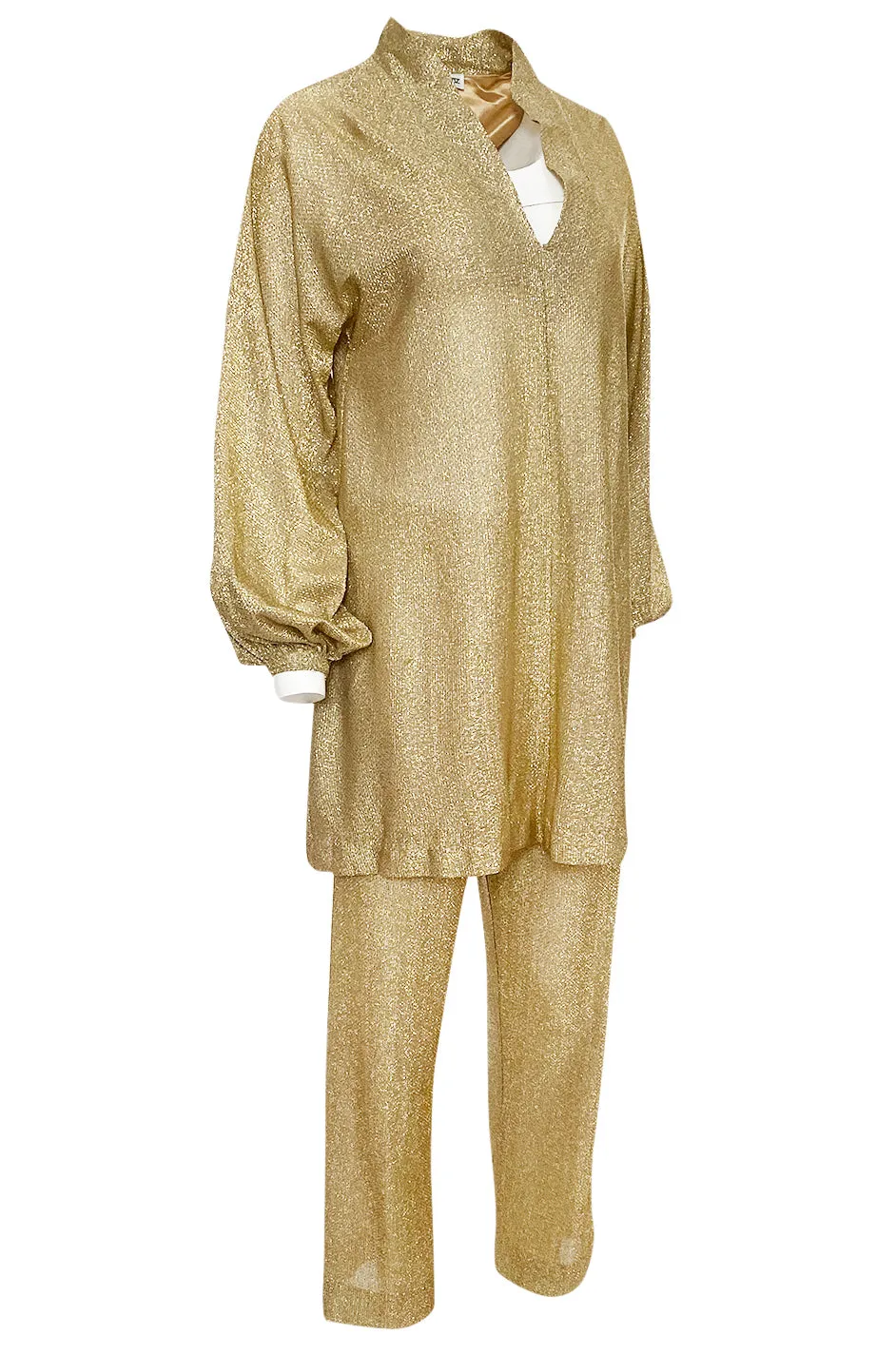 1970s Halston Bright Gold Metallic Lame Lurex Top & Pant Set