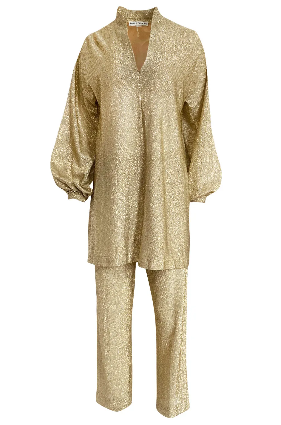 1970s Halston Bright Gold Metallic Lame Lurex Top & Pant Set