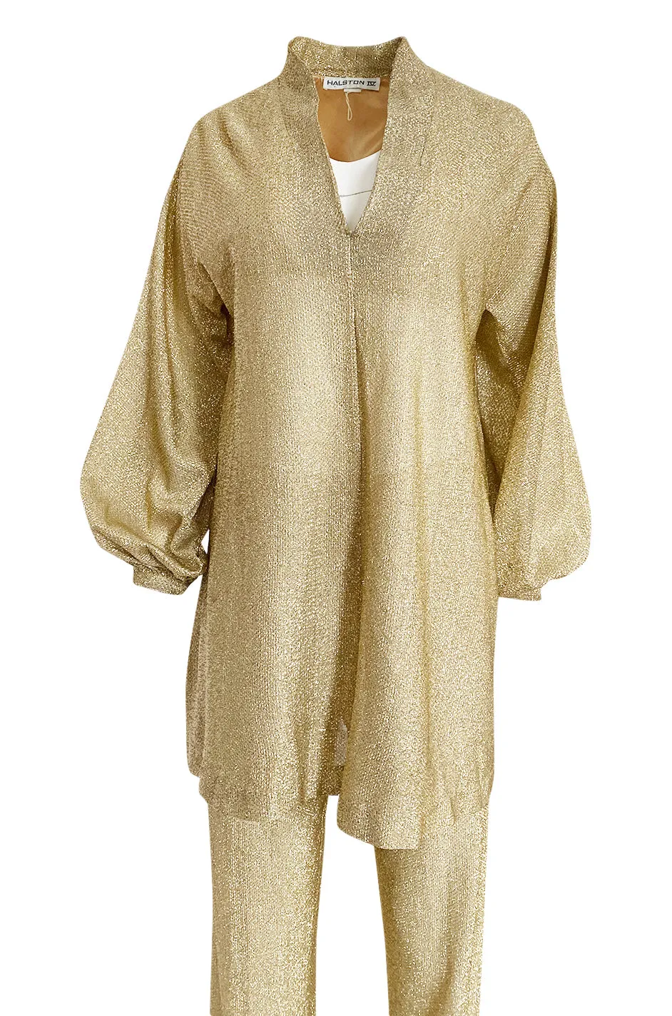 1970s Halston Bright Gold Metallic Lame Lurex Top & Pant Set