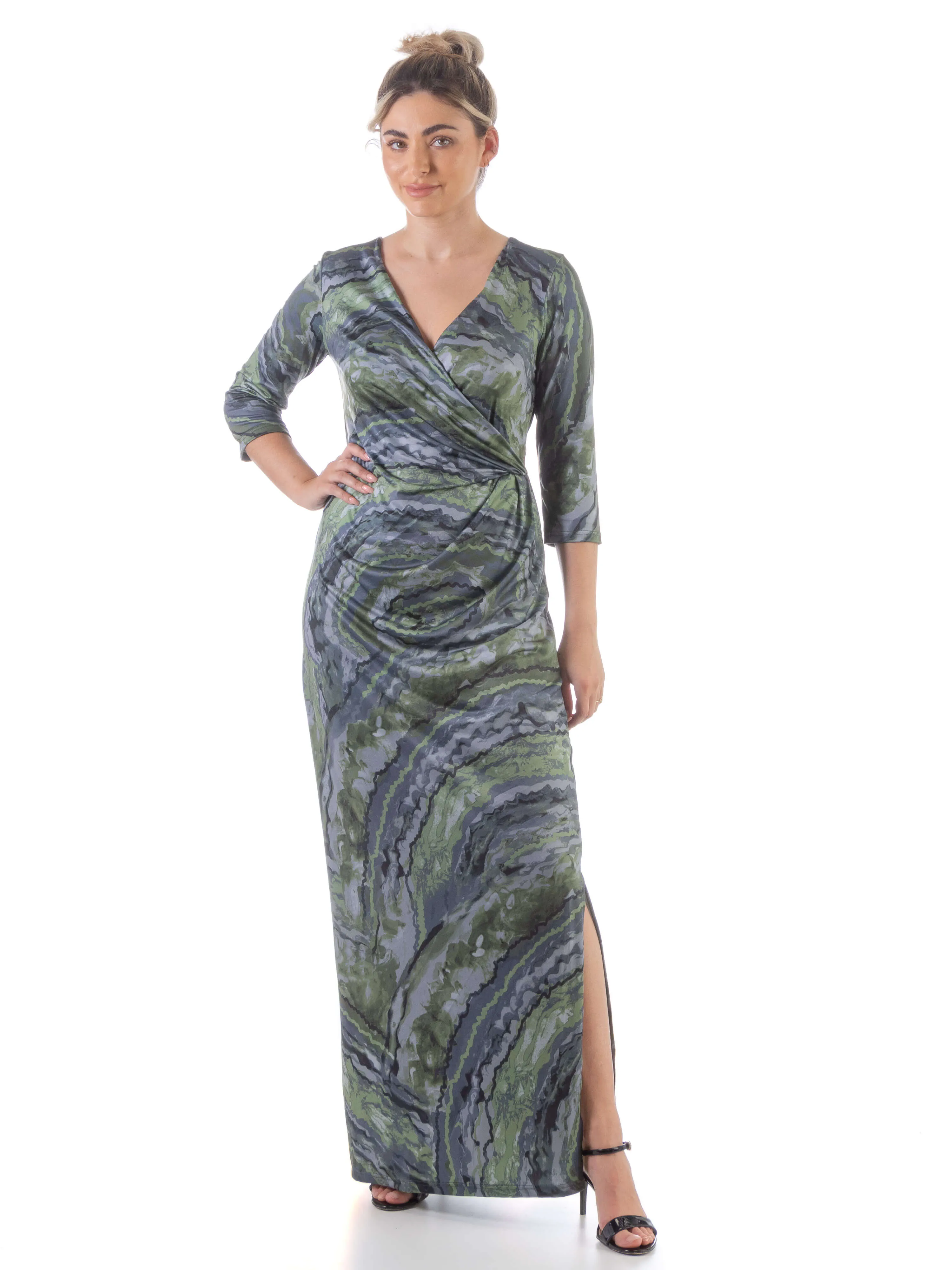 24seven Comfort Apparel Green Faux Wrap Side Slit Maxi Dress