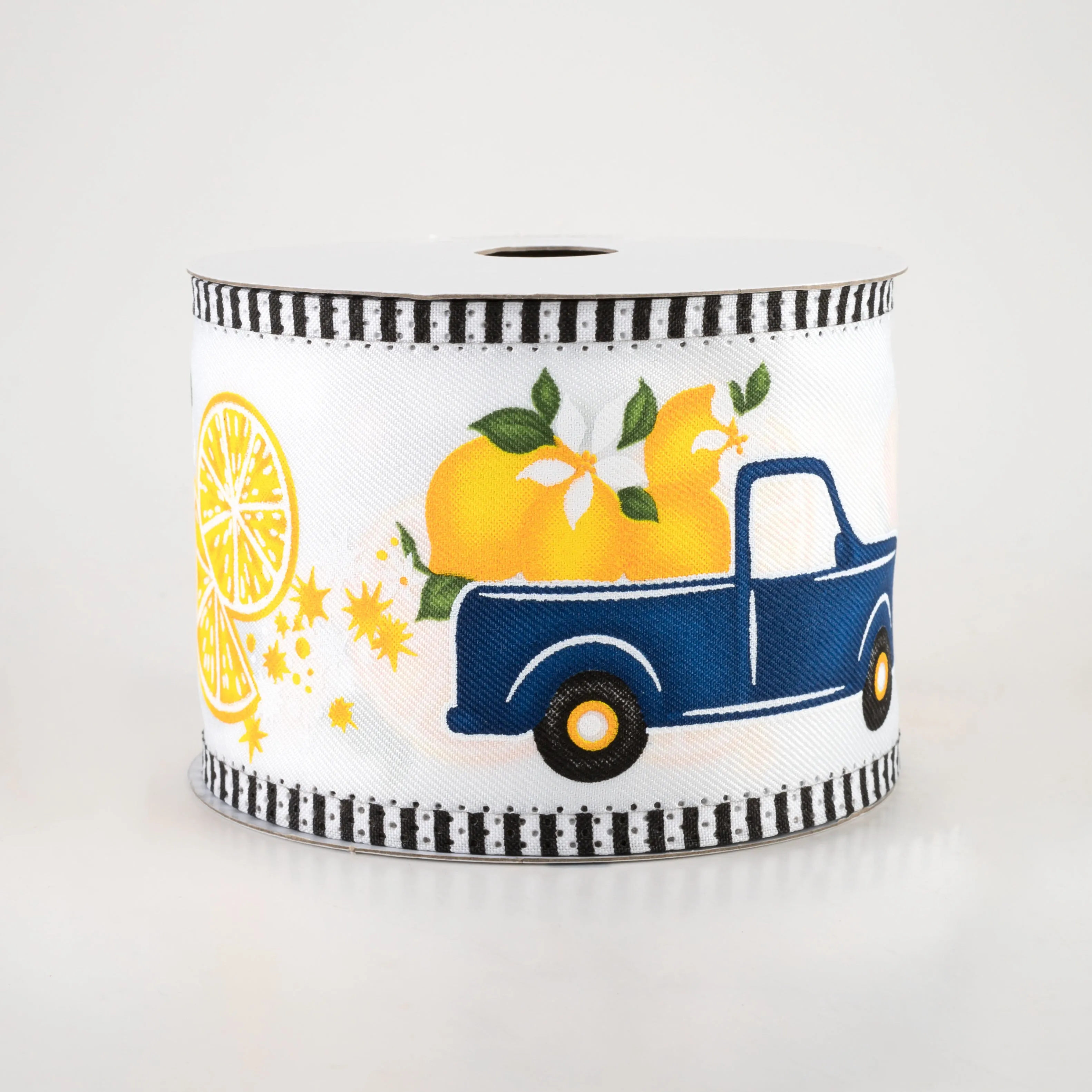 2.75" Blue Truck with Lemons Stripe Edge Ribbon: White (10 Yards)