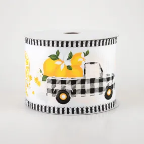 2.75" Gingham Truck with Lemons Stripe Edge Ribbon: White (10 Yards)