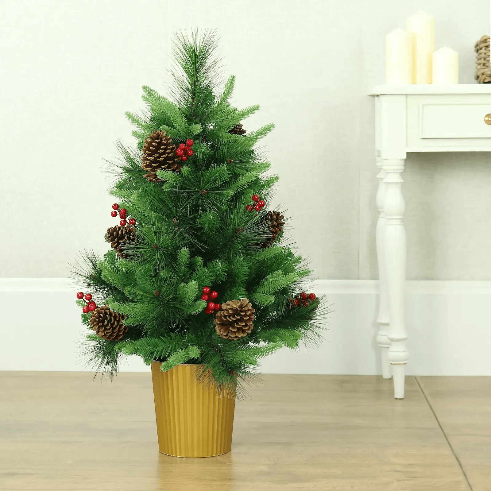 3ft (90cm) Christmas Tree Red Berries Cones Mixed Pine Gold Pot