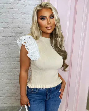 Adorable Hun Beige Lace Sleeve Ribbed Top