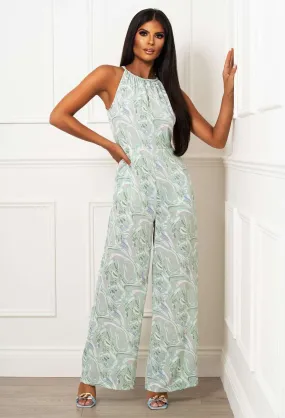 Alter Ego Green Abstract Print Halterneck  Jumpsuit