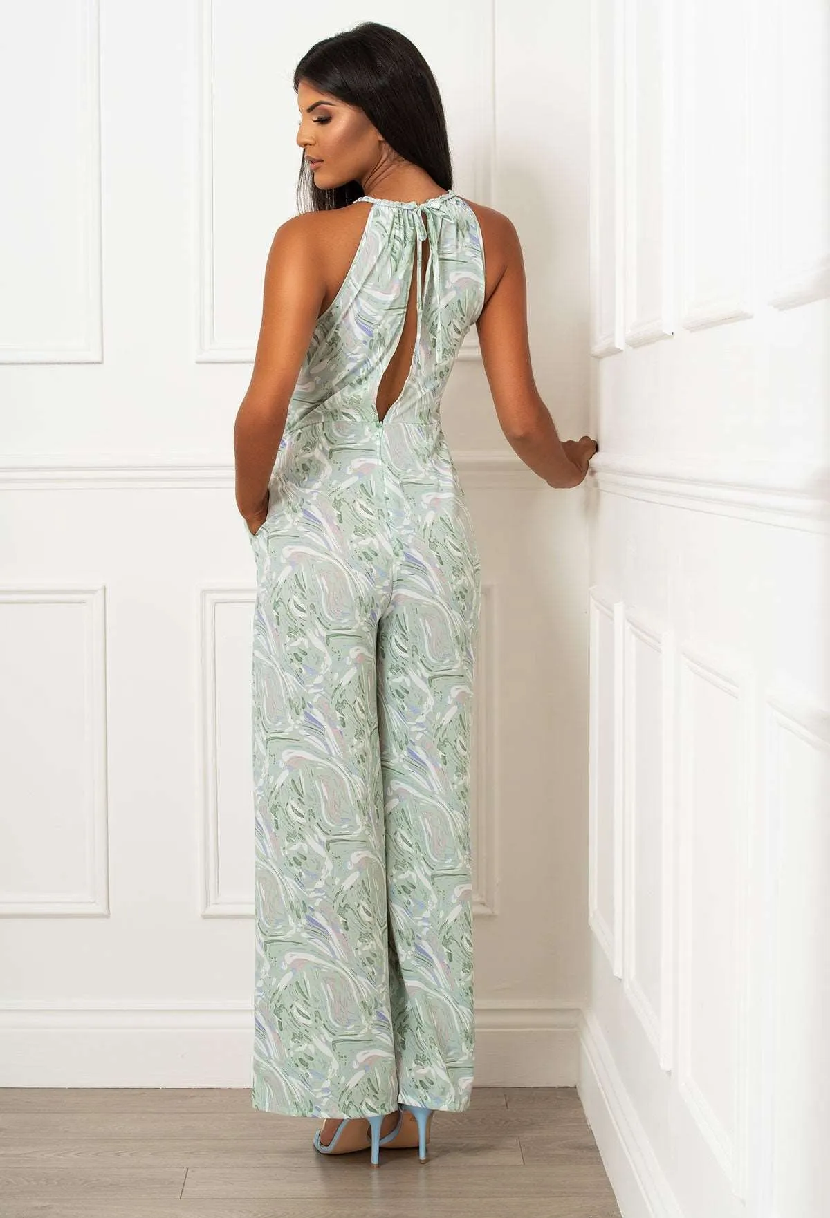 Alter Ego Green Abstract Print Halterneck  Jumpsuit