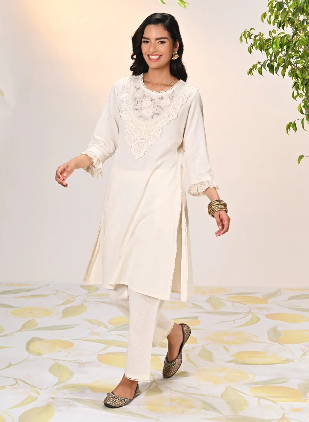 Amara Ivory Embroidered Cotton Kurta Set for Women