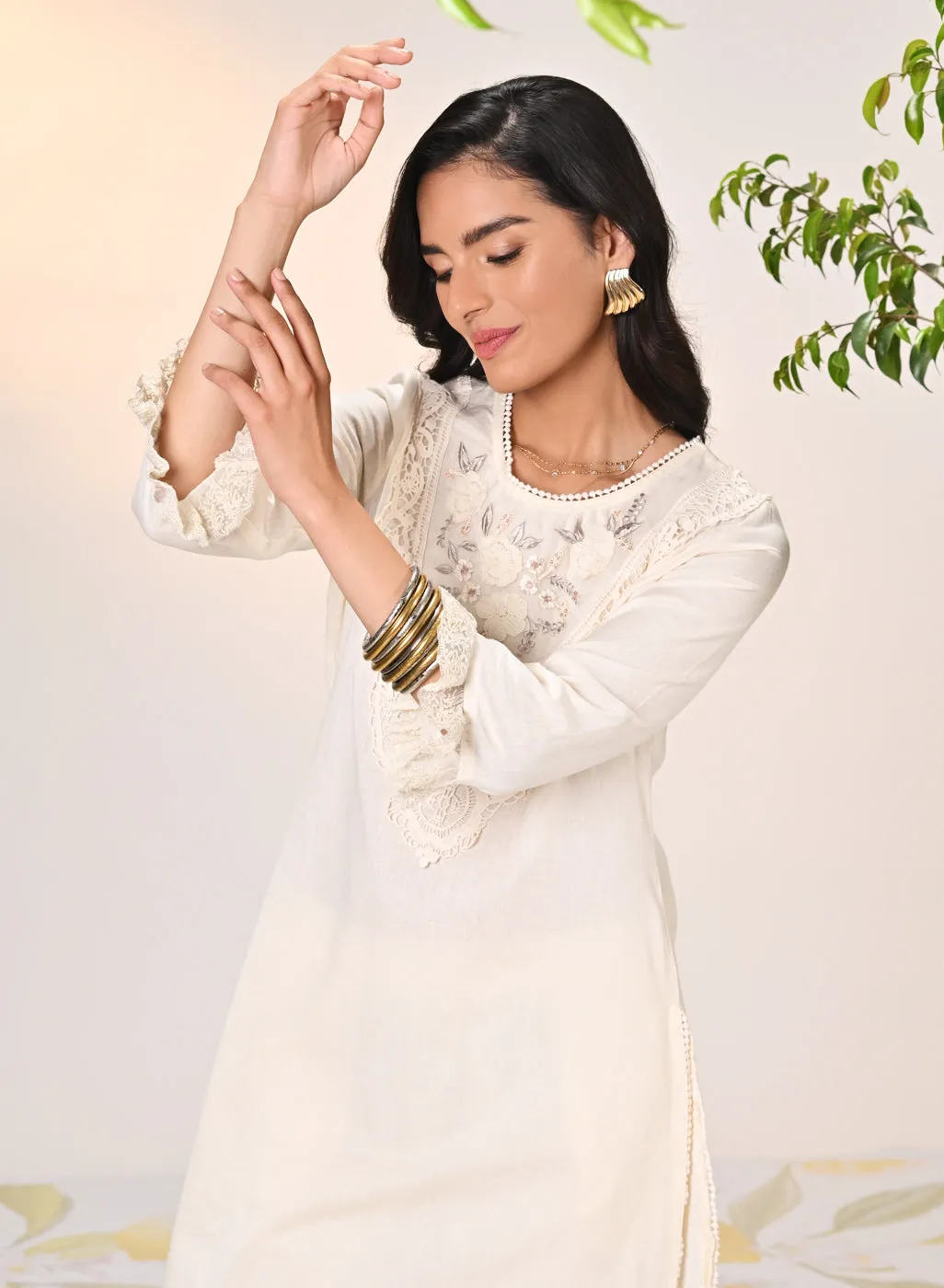 Amara Ivory Embroidered Cotton Kurta Set for Women