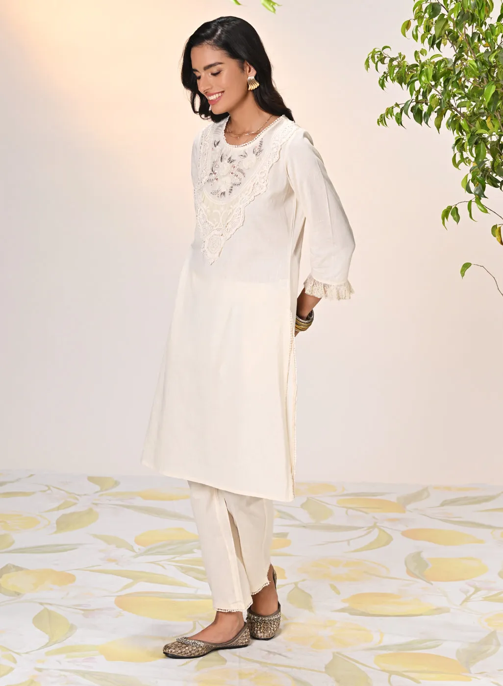 Amara Ivory Embroidered Cotton Kurta Set for Women