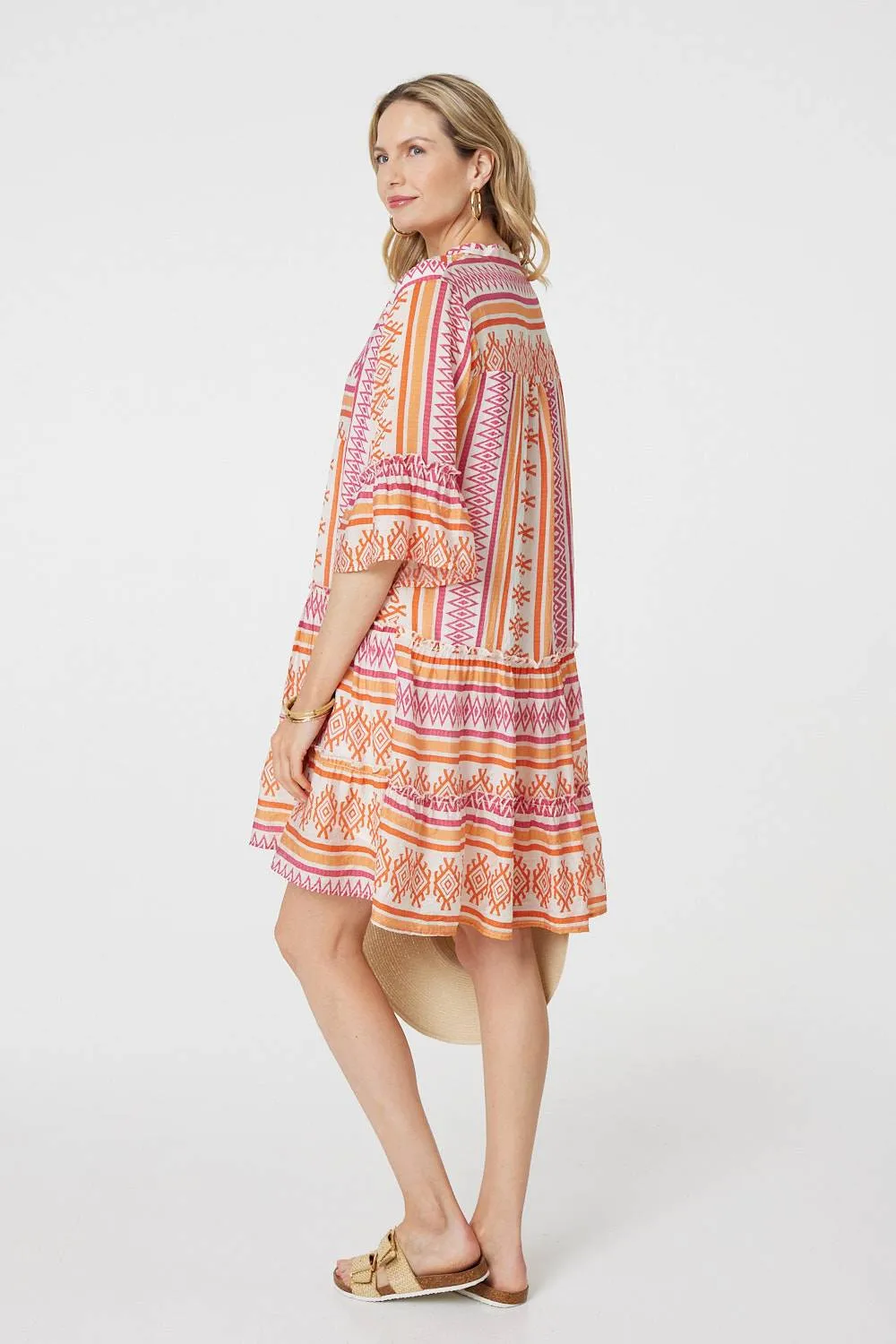 Aztec Print V-Neck 3/4 Sleeve Short Dress