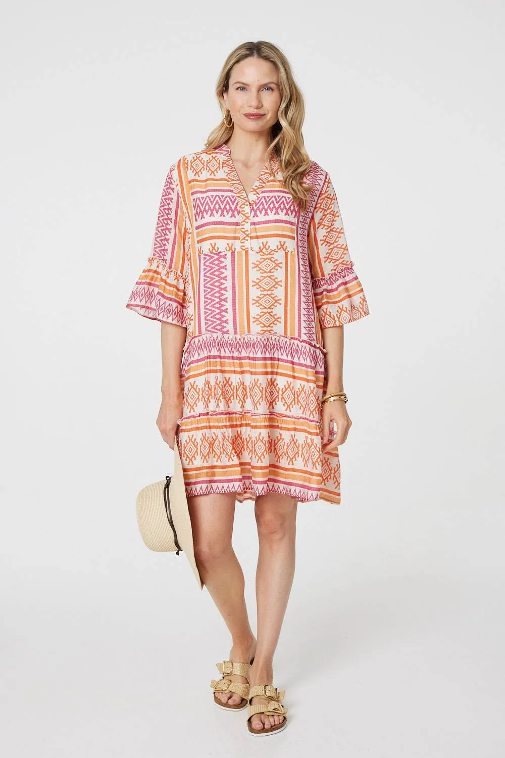 Aztec Print V-Neck 3/4 Sleeve Short Dress