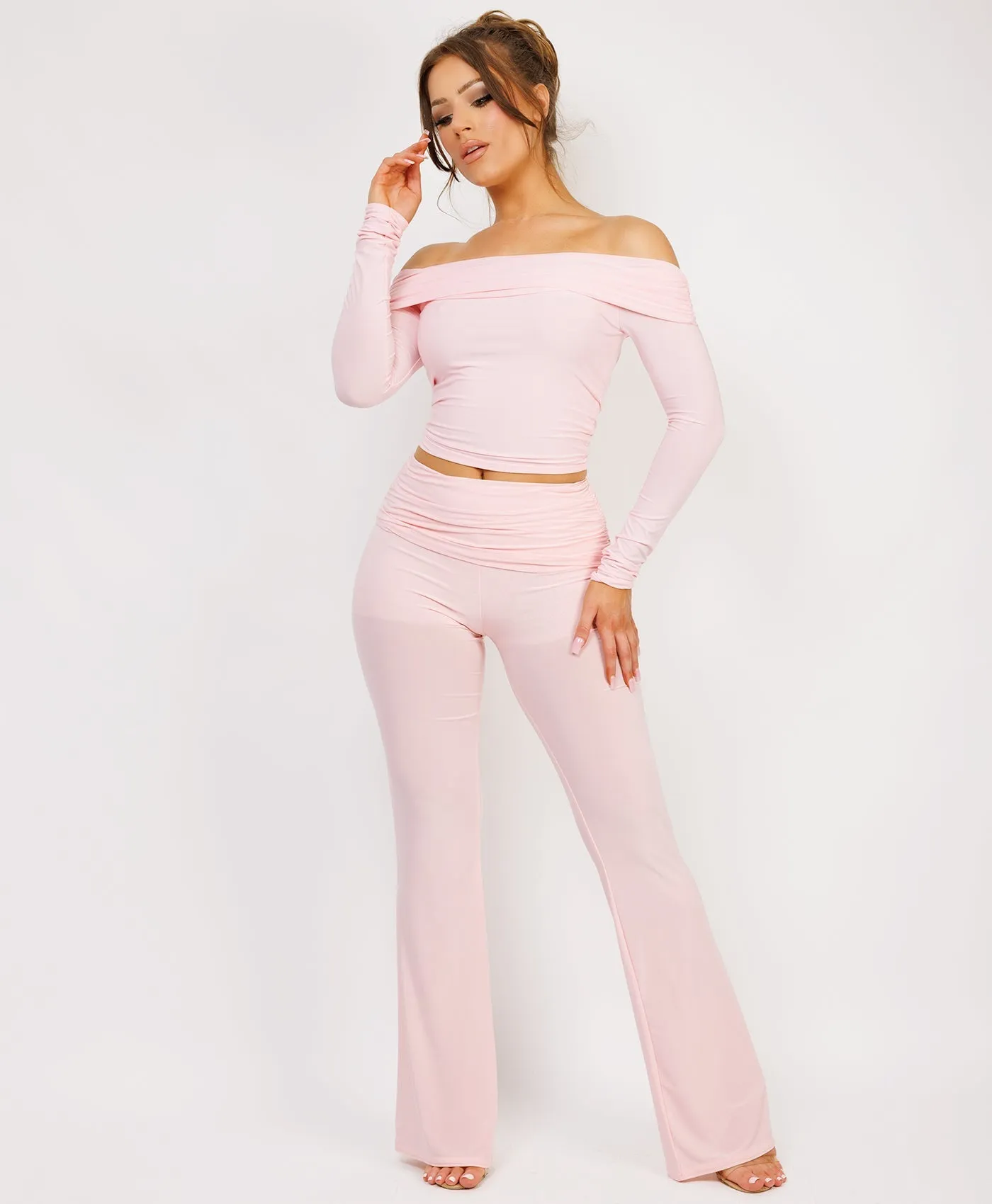 Baby Pink Flare Trousers And Off Shoulder Top Fold Detail Set