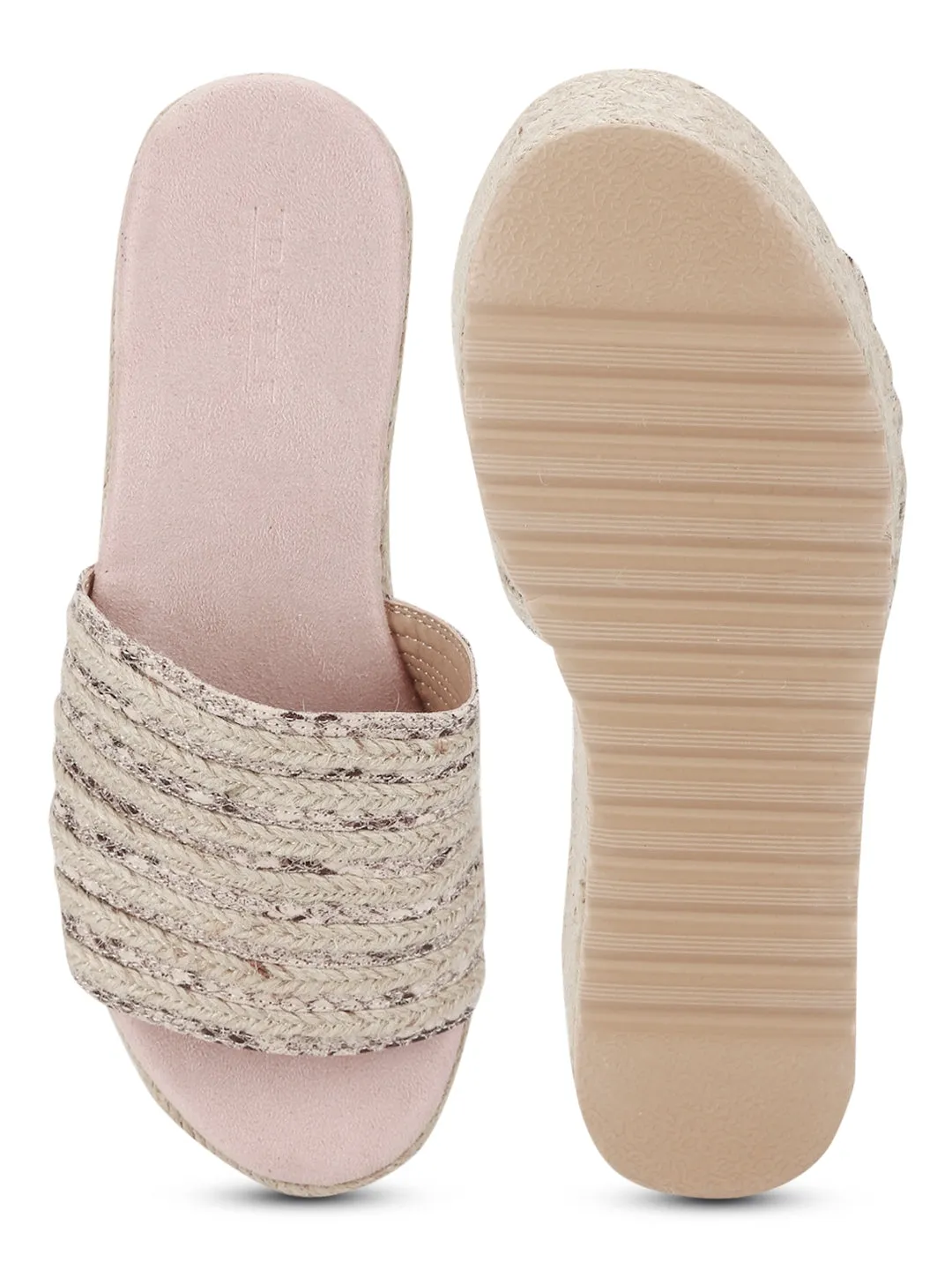 Beige Snake Woven PU Slip On Wedges