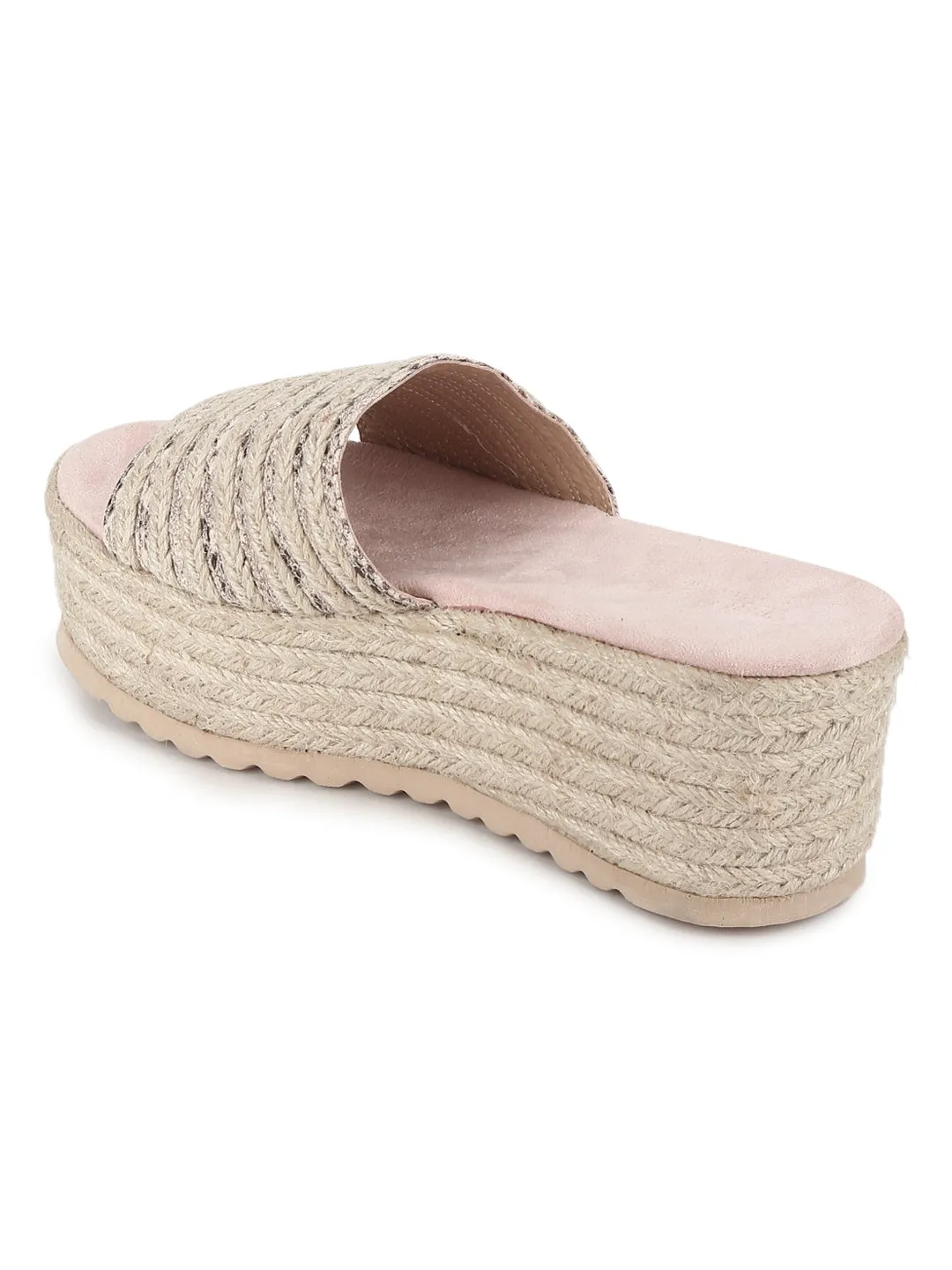 Beige Snake Woven PU Slip On Wedges