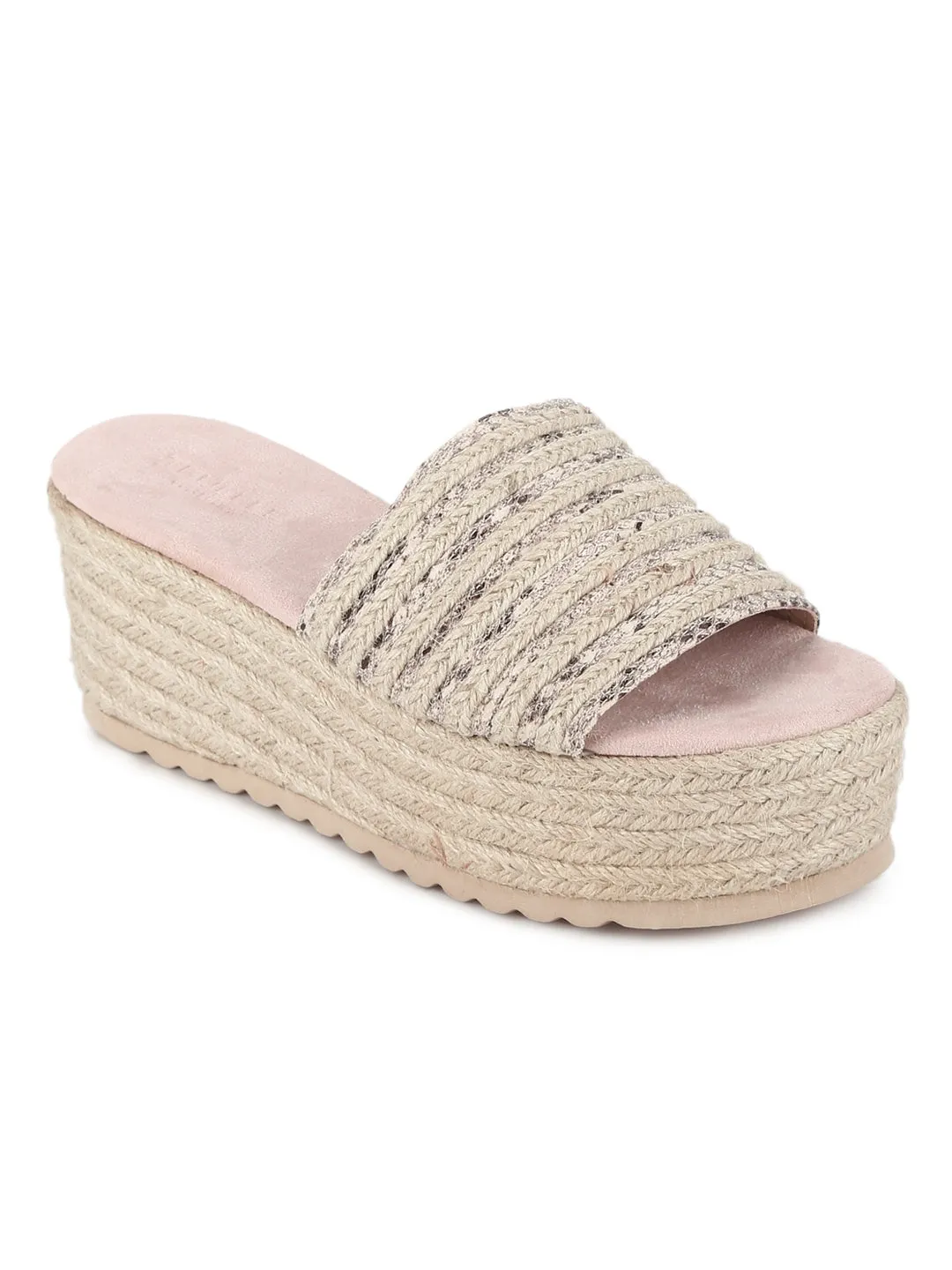 Beige Snake Woven PU Slip On Wedges