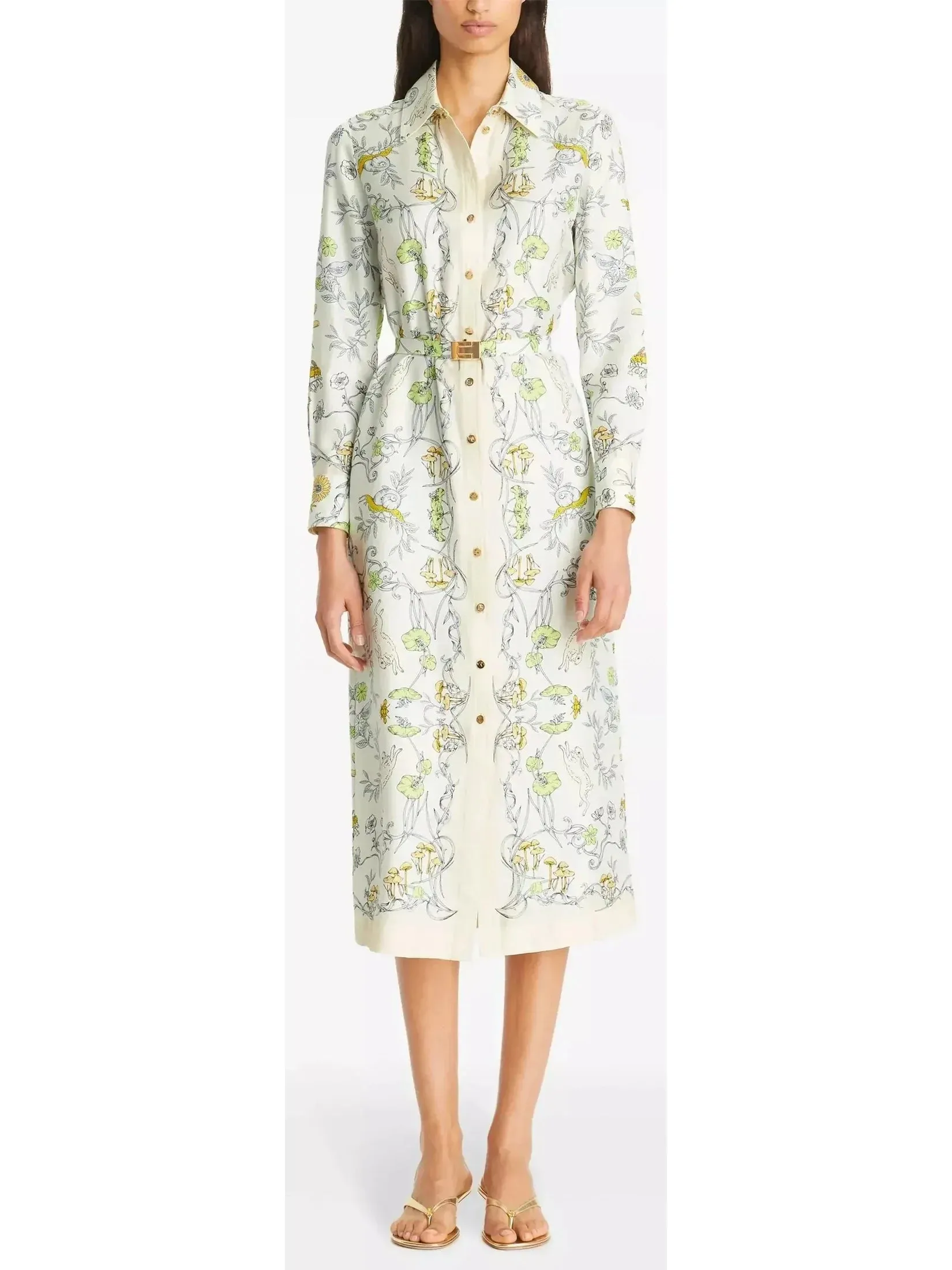 Belted Neutral Rabbit Field Printed Silk Twill Shirt Dress