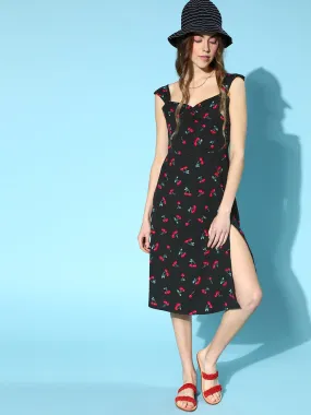 Berrylush Women Black & Red Cherry Printed Sweetheart Neck Thigh-High Slit Flared A-Line Midi Dress