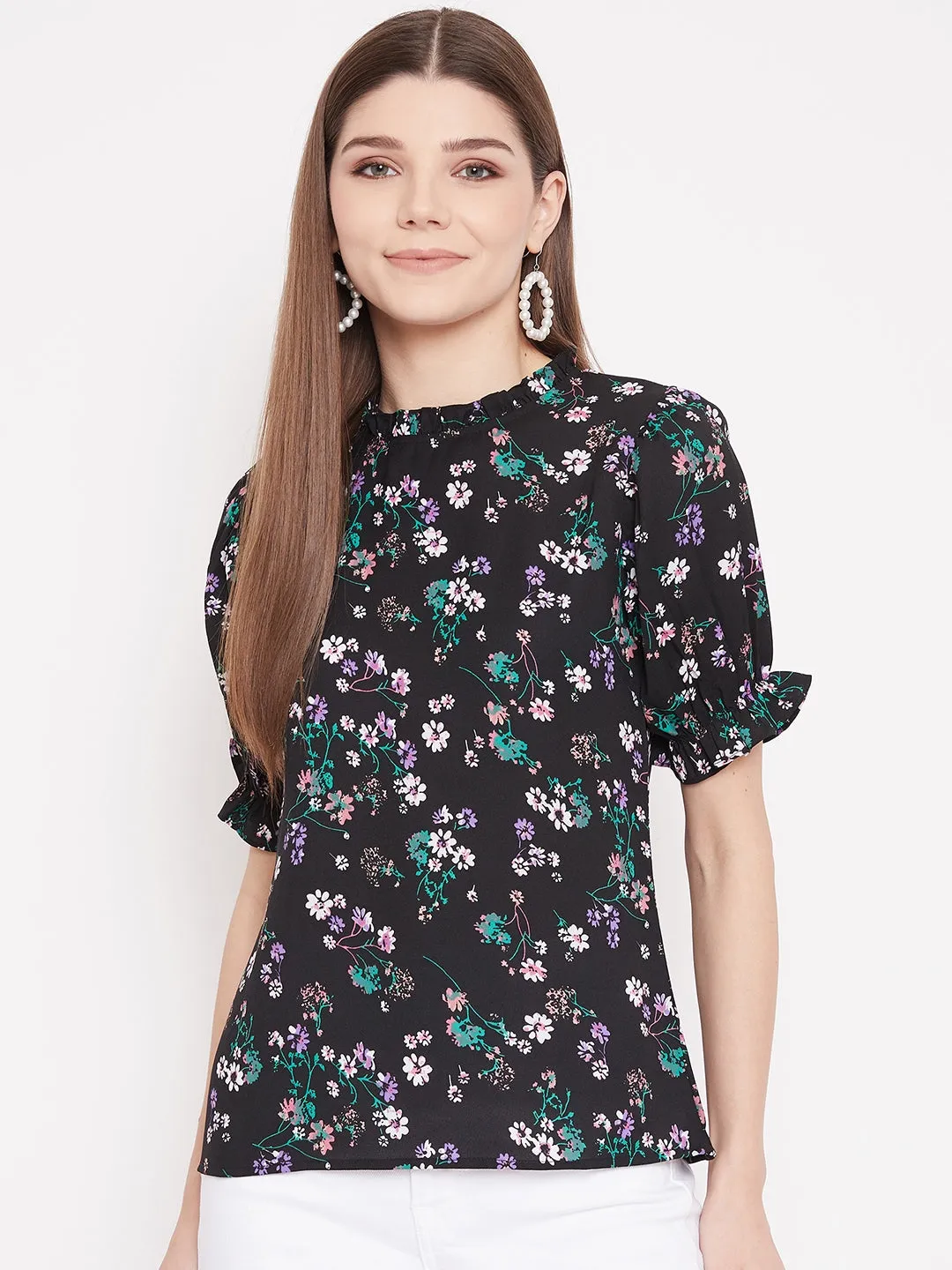 Berrylush Women Black Floral Print Regular Fit Top