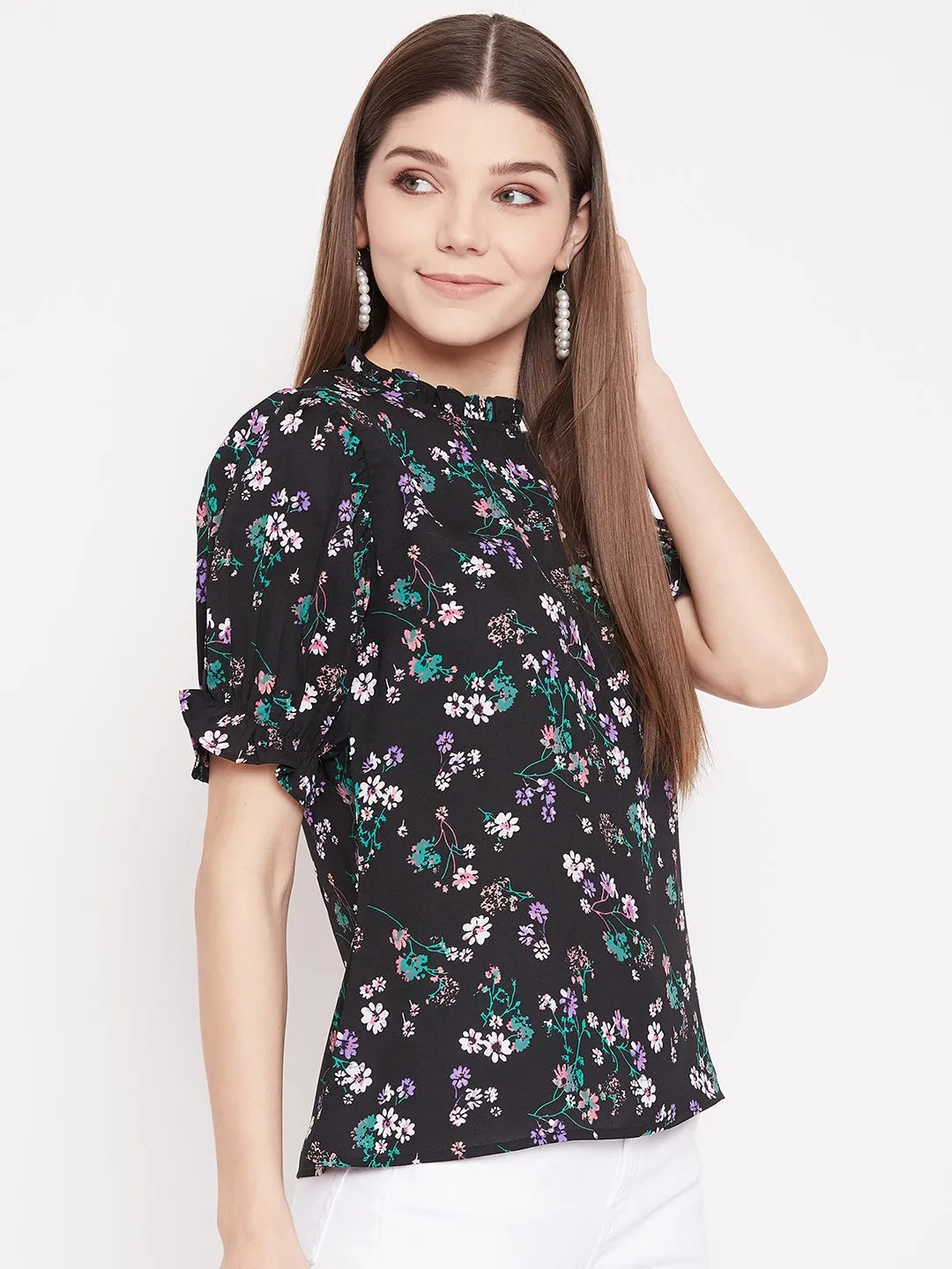 Berrylush Women Black Floral Print Regular Fit Top