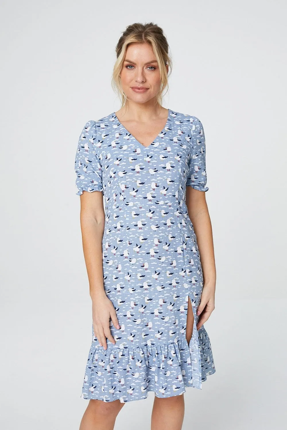 Bird Print Short Sleeve Tea Dress