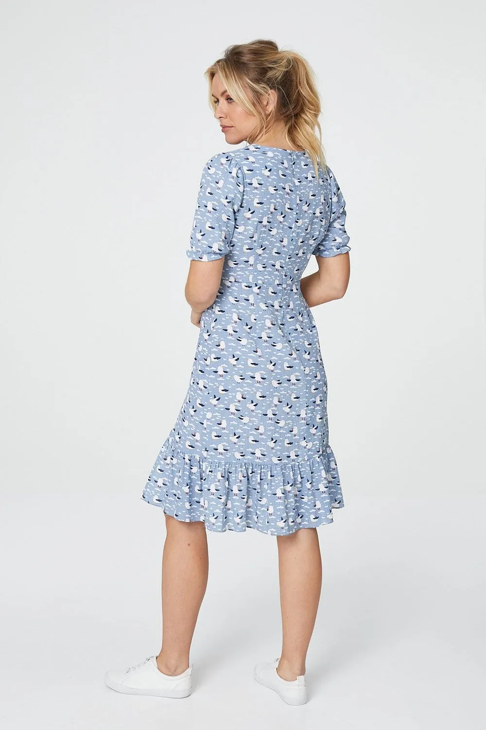 Bird Print Short Sleeve Tea Dress