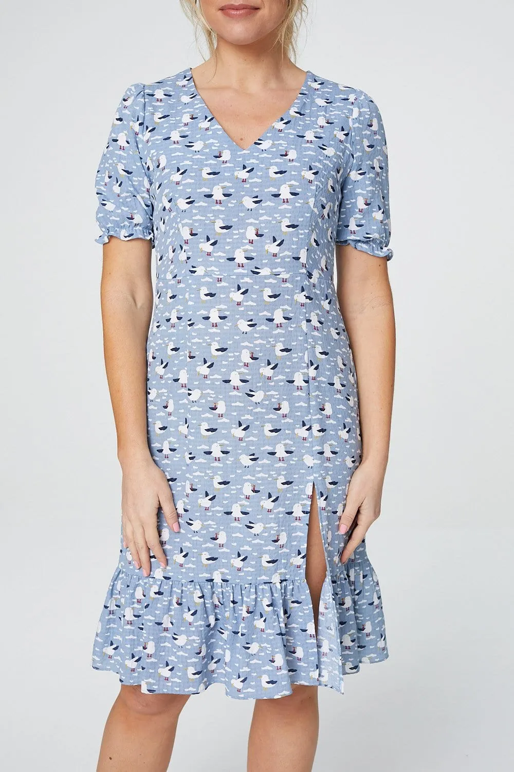 Bird Print Short Sleeve Tea Dress