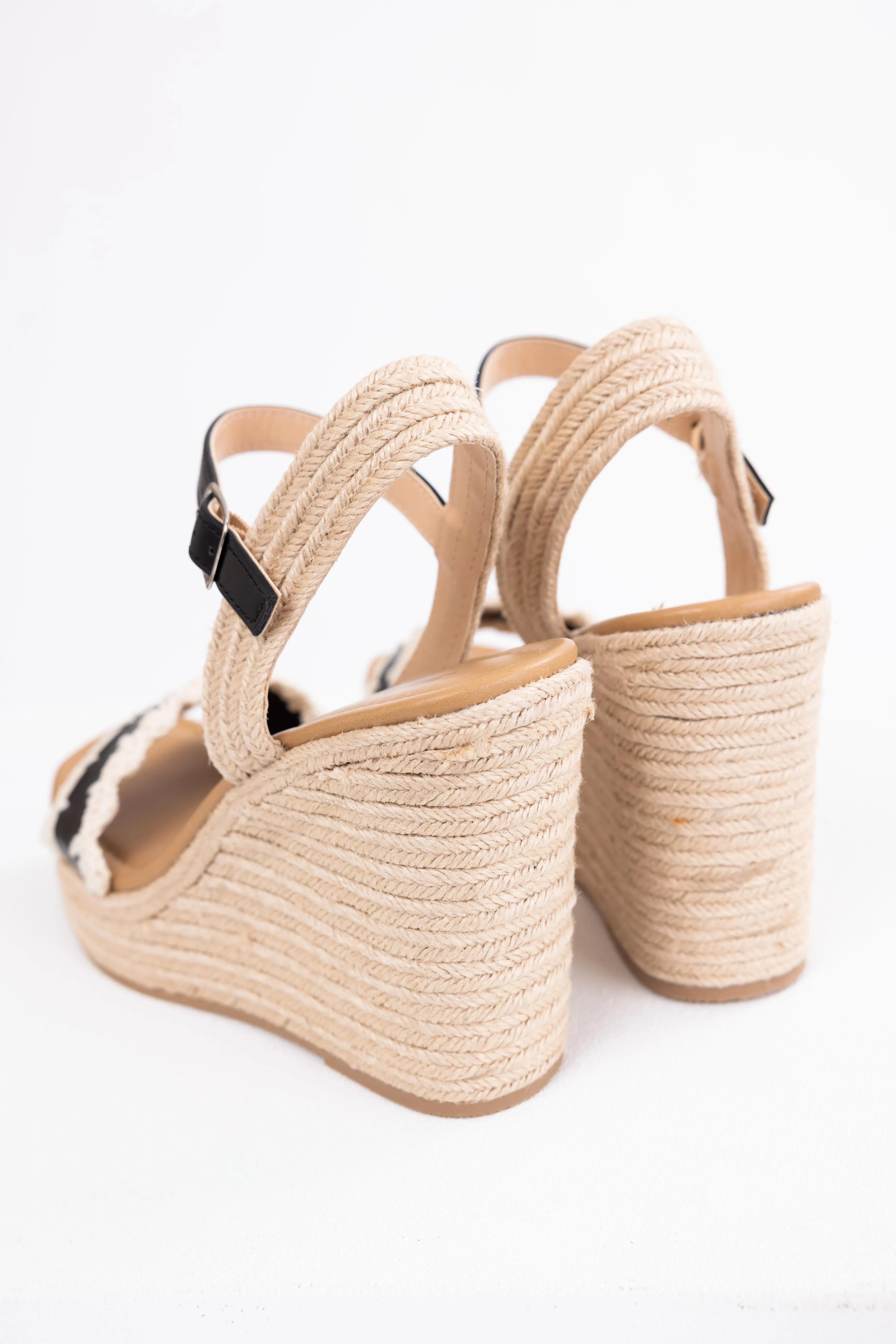 Black Crochet Trim Strap Espadrille Wedges