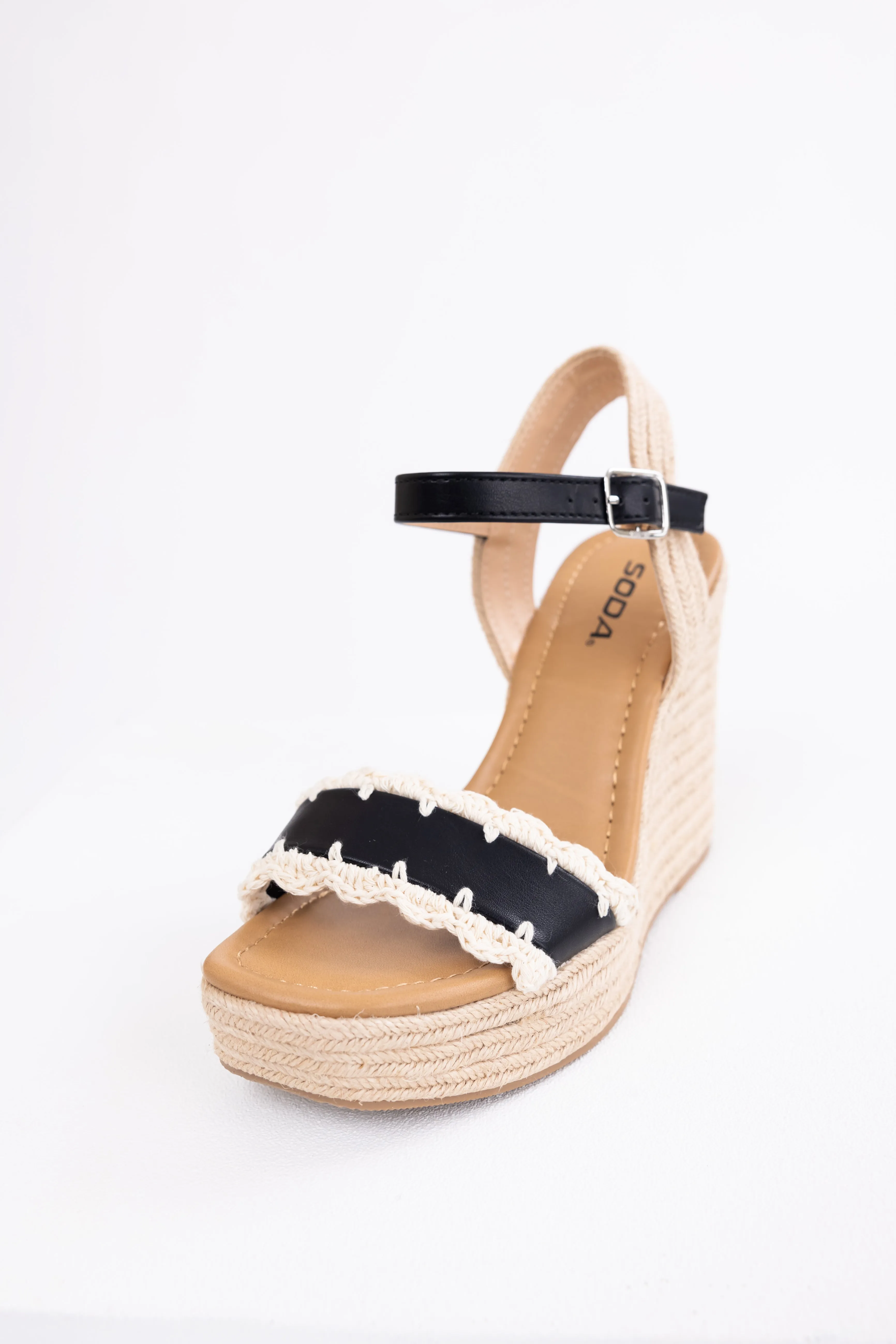 Black Crochet Trim Strap Espadrille Wedges