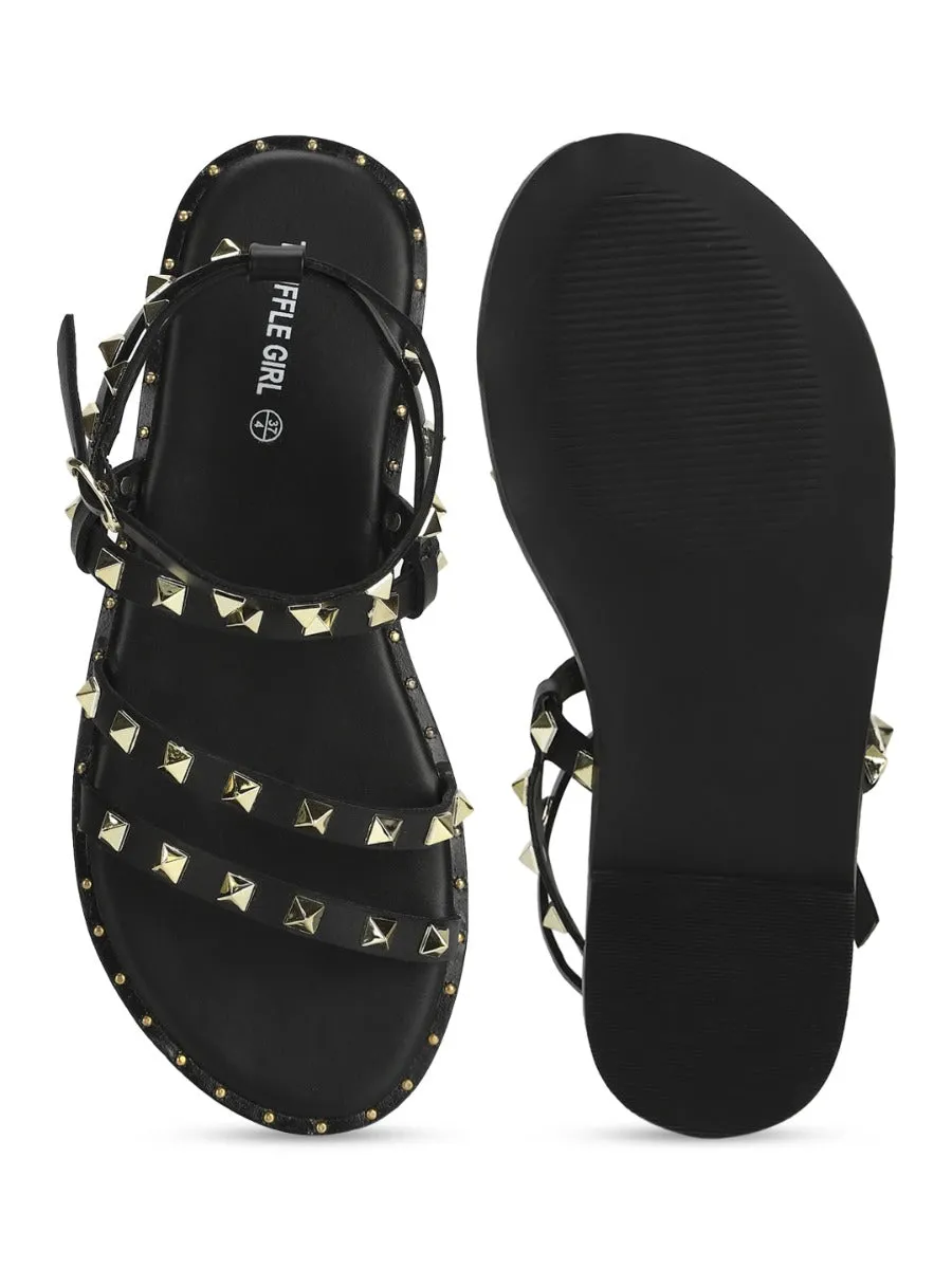 Black PU Studded Flat Sandals