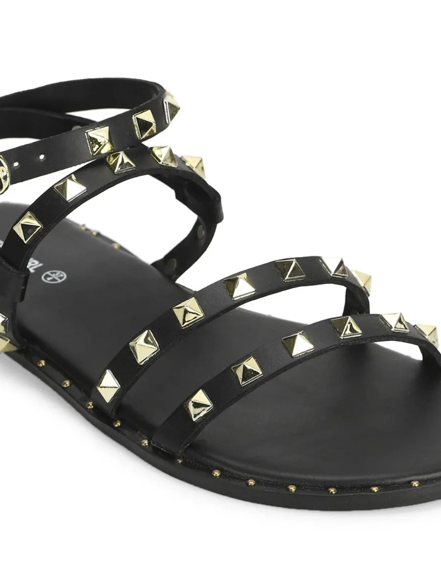 Black PU Studded Flat Sandals