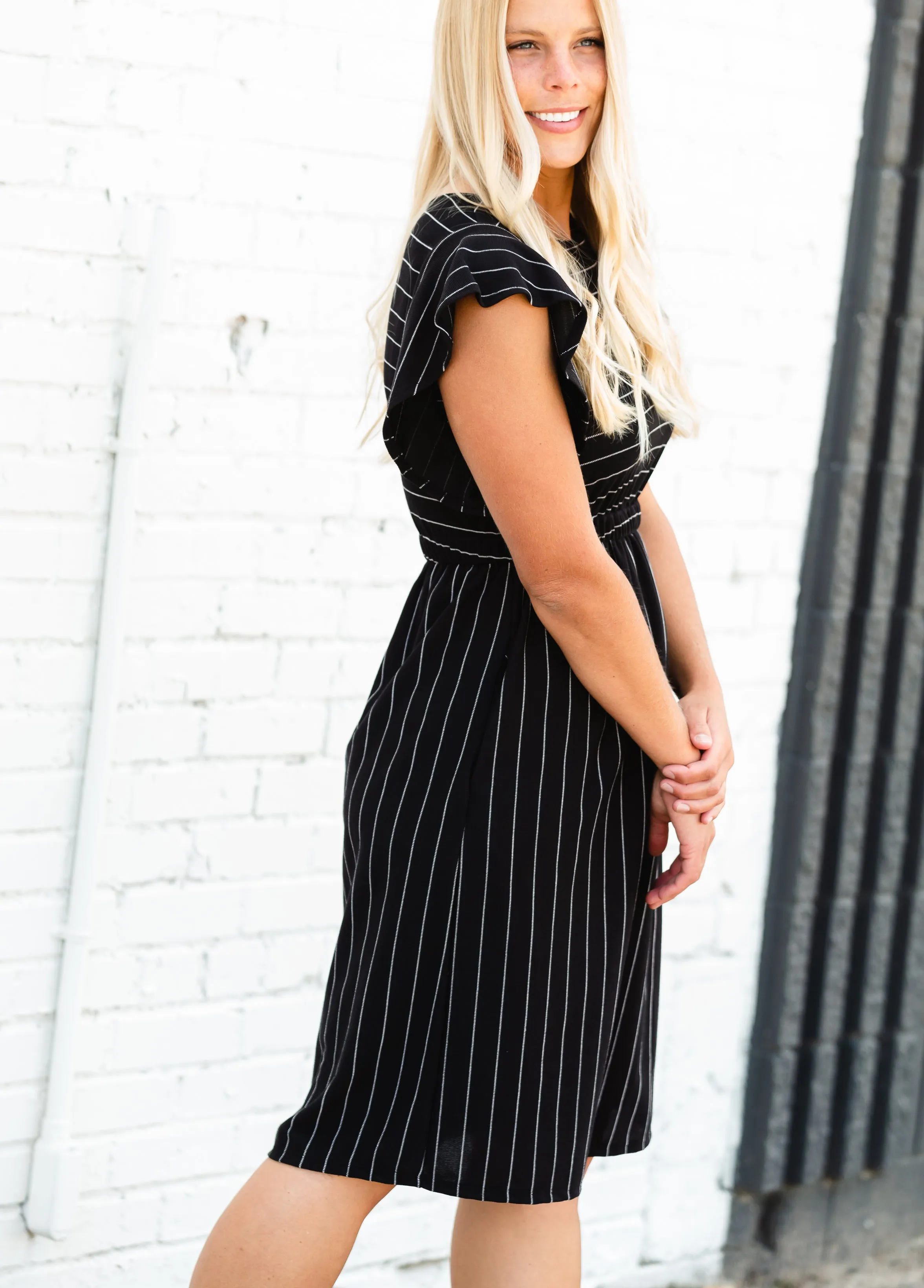 Black Striped Flutter Sleeve Midi Dress - FINAL SALE