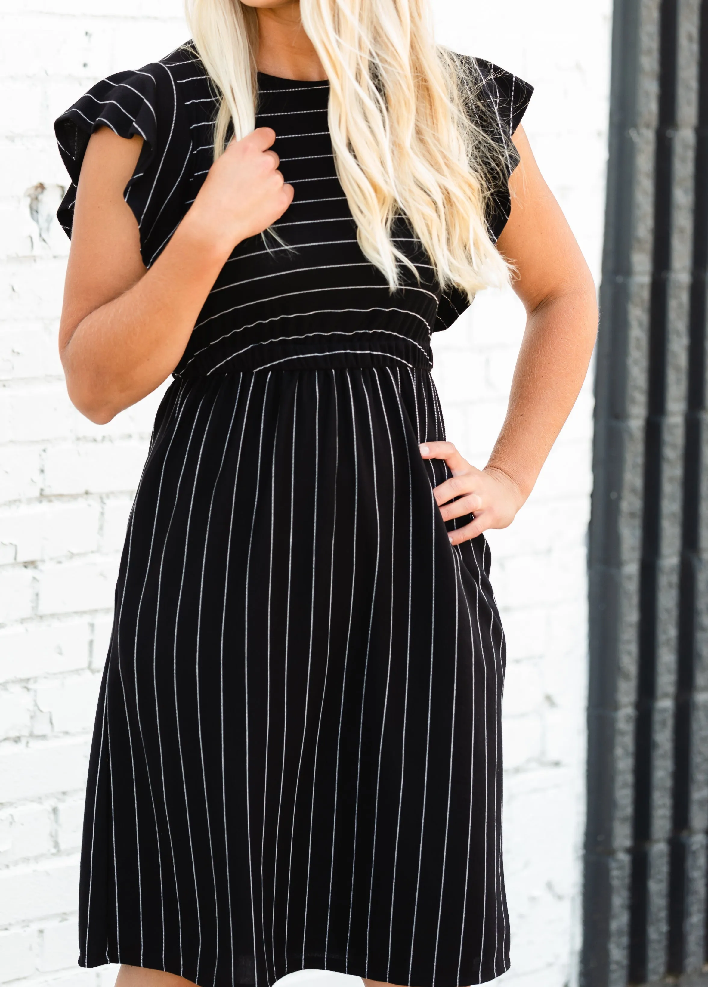 Black Striped Flutter Sleeve Midi Dress - FINAL SALE