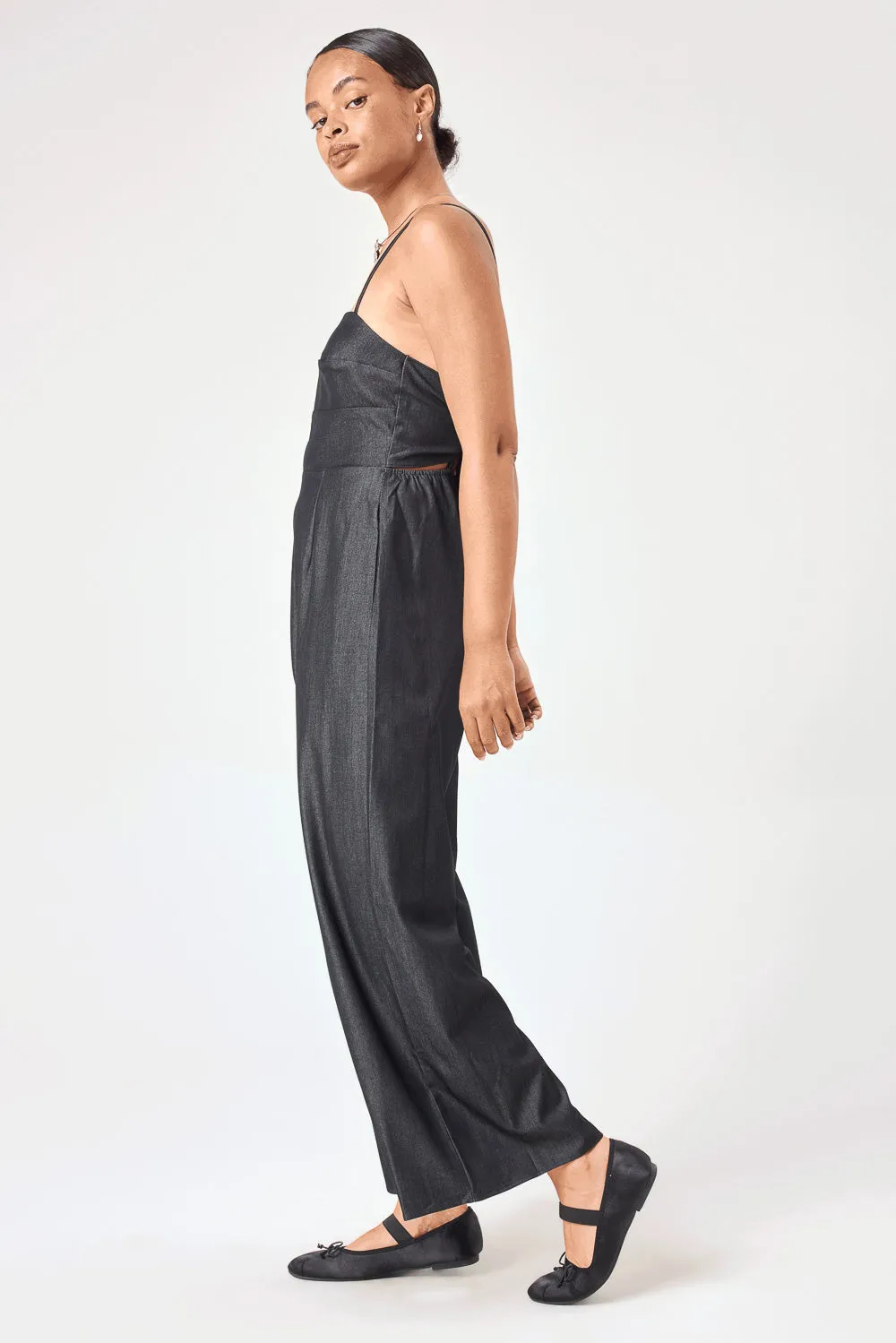 Black Tie Back Stretch Denim Jumpsuit