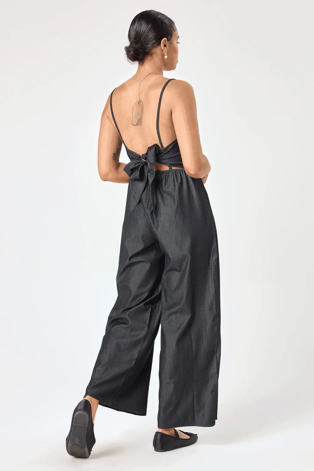 Black Tie Back Stretch Denim Jumpsuit