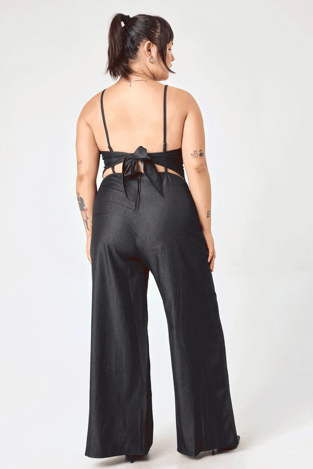 Black Tie Back Stretch Denim Jumpsuit