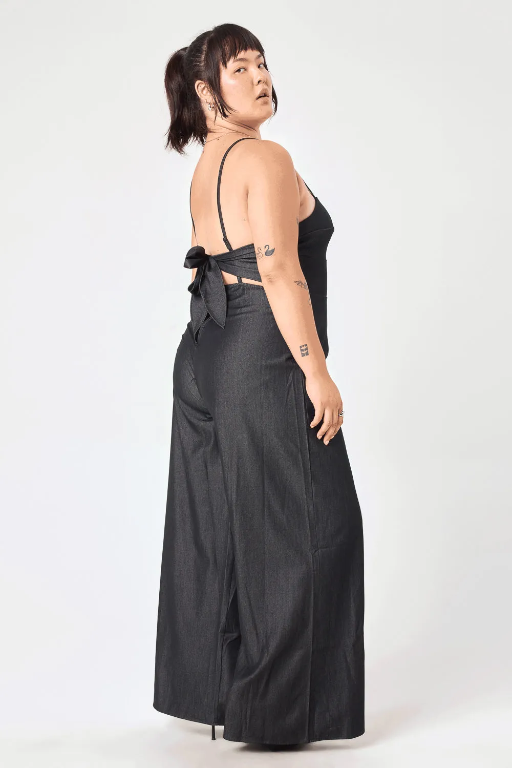 Black Tie Back Stretch Denim Jumpsuit