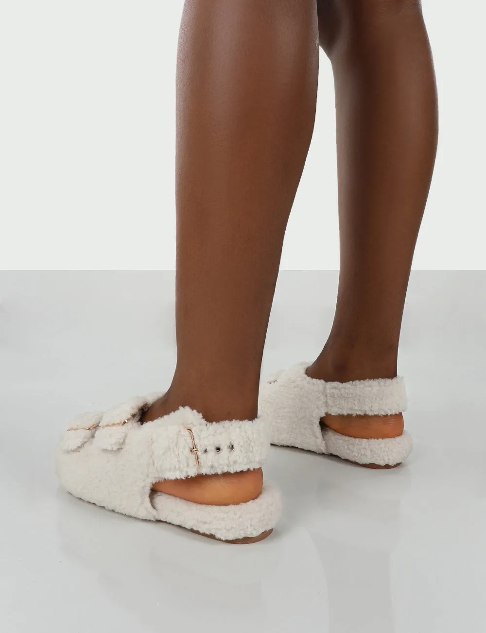 Bliss Cream Borg Fluffy Faux Fur Buckled Grandad Sandals