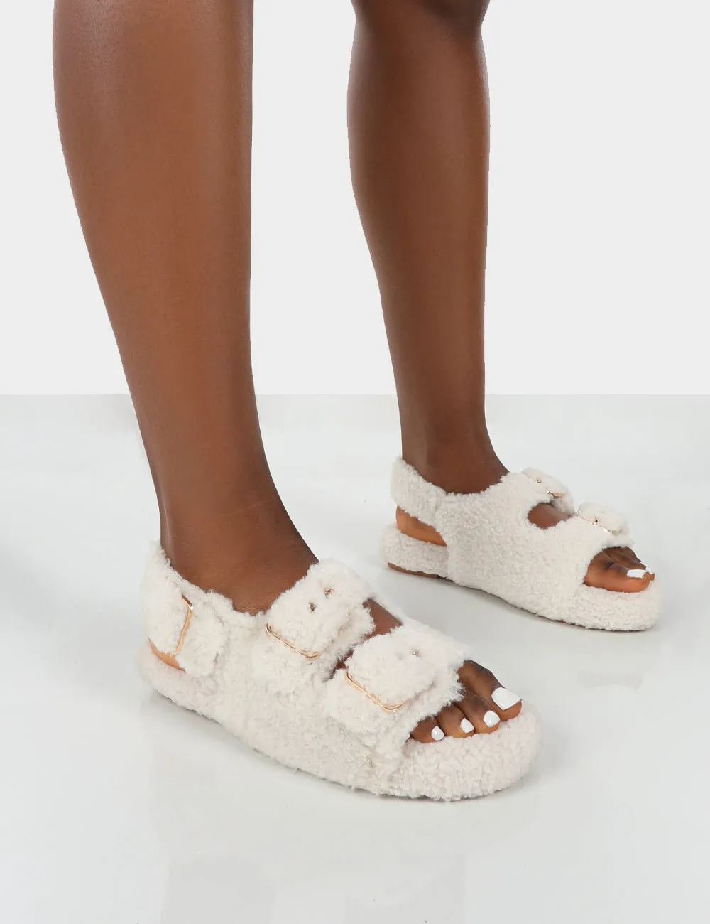 Bliss Cream Borg Fluffy Faux Fur Buckled Grandad Sandals