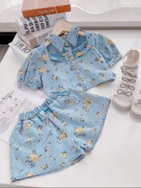 Blooming Charm Floral Print Denim Shorts Set