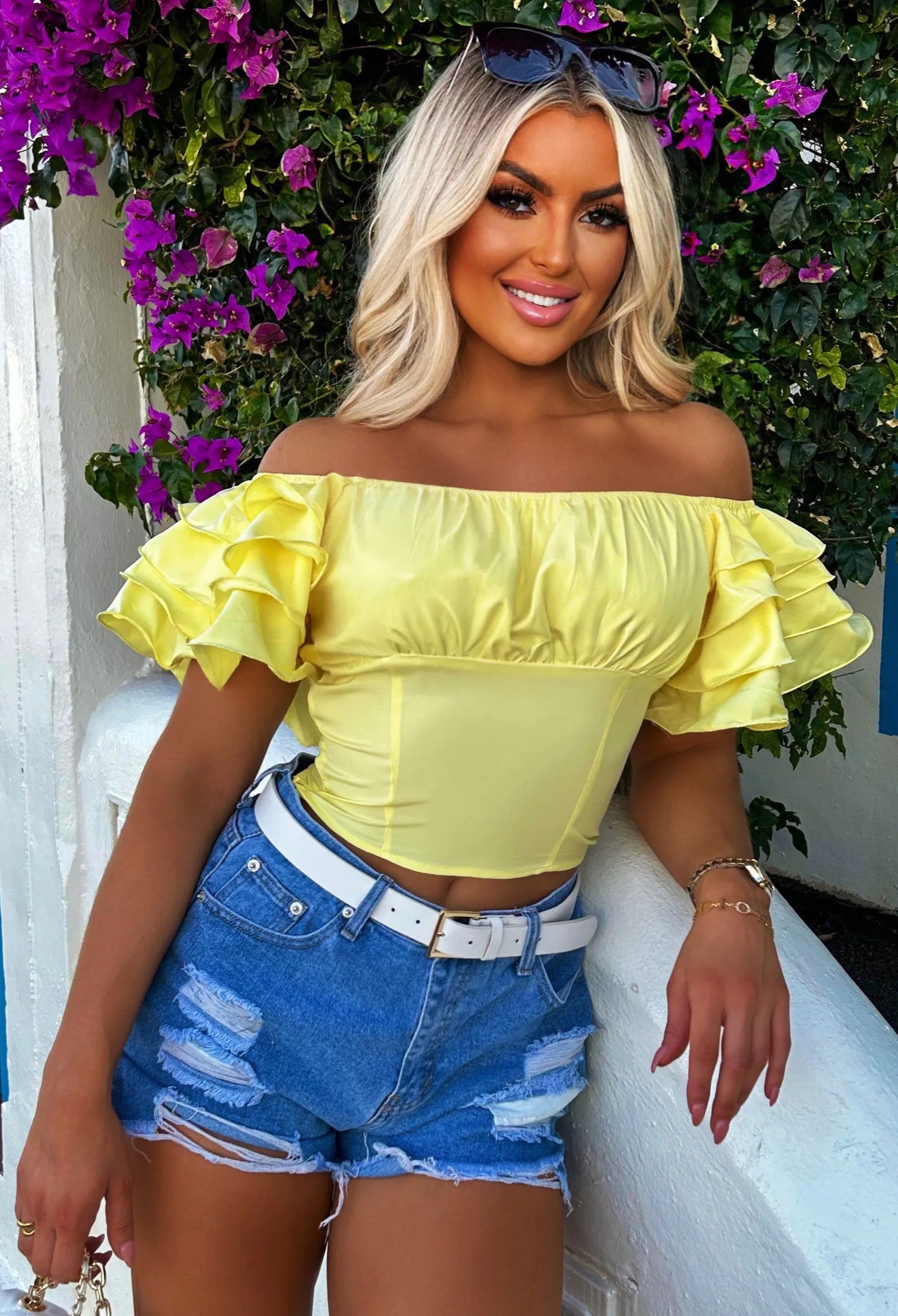 Blow A Kiss Pastel Yellow Frill Sleeve Top