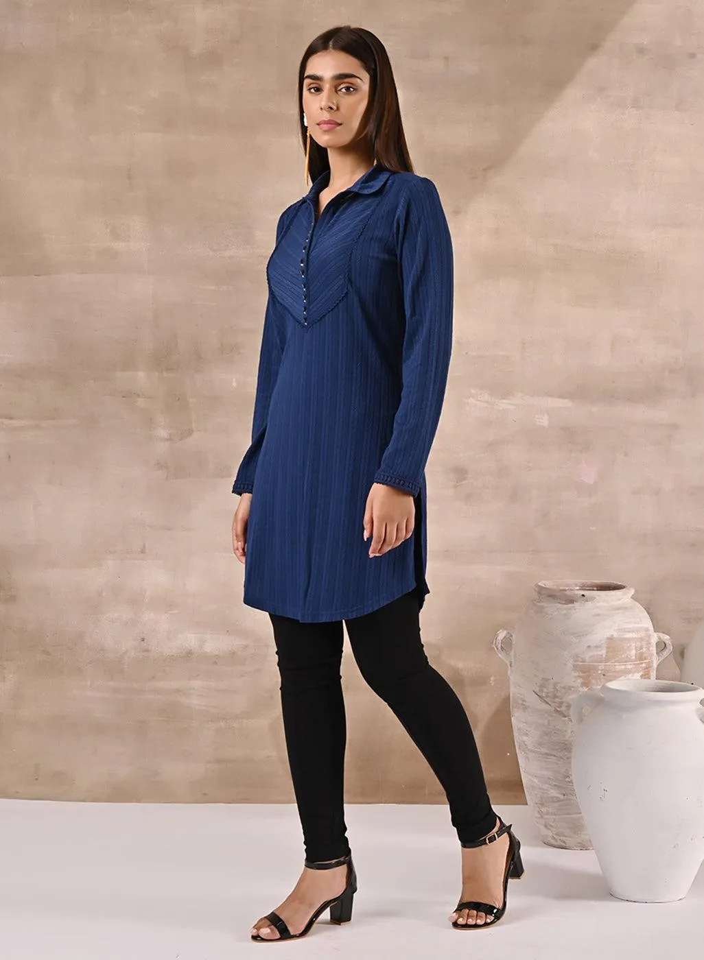 Blue Textured Full Sleeve Kurti