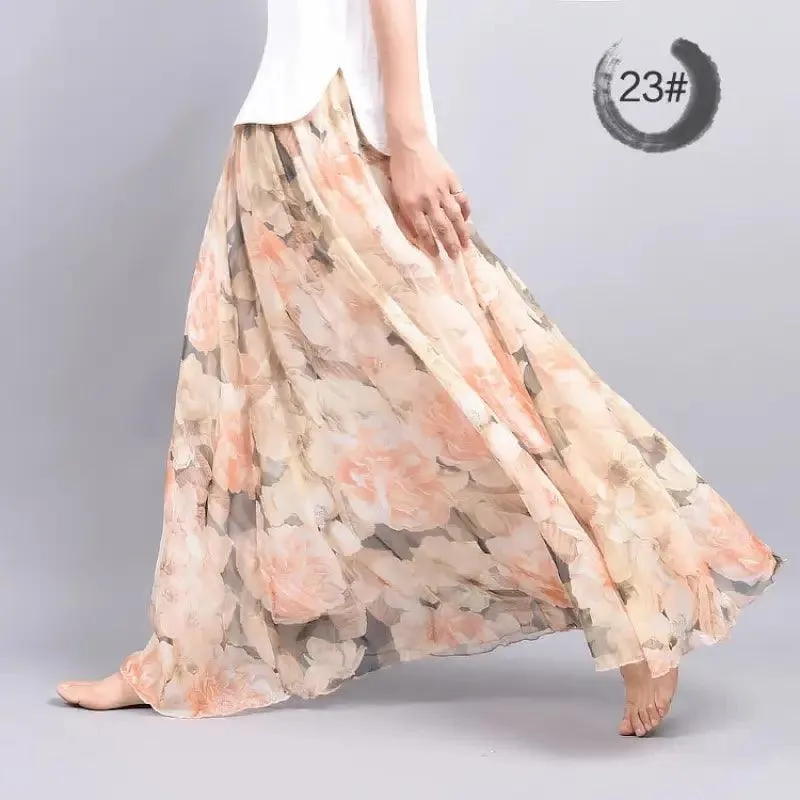 Bohemian Printed Chiffon Mid-length Skirt, Floral Skirt, A-line Skirt, Large Swing Female Skirt, Beach Long Skirt