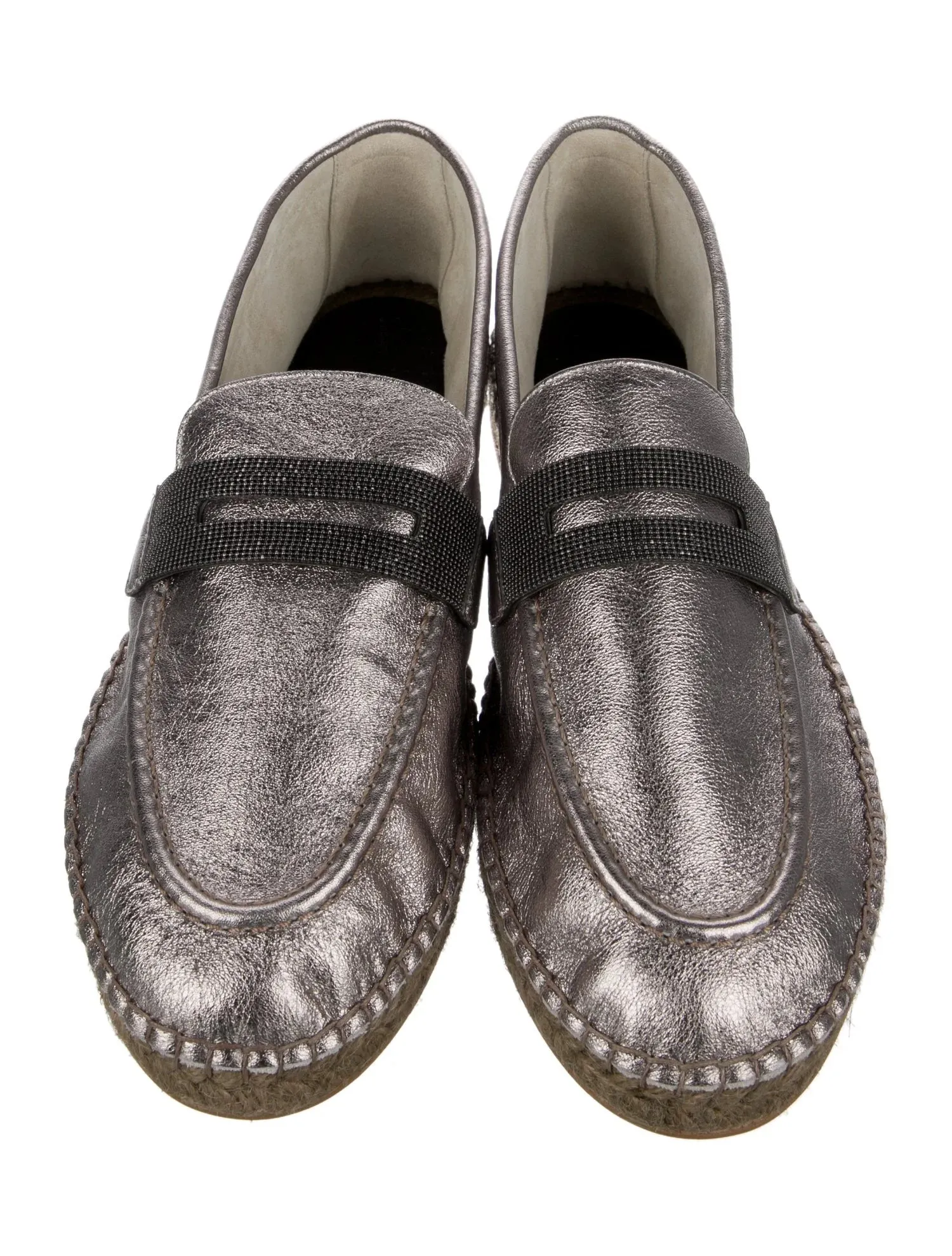 Brunello Cucinelli Women's Leather Metallic Silver Espadrilles In Titanium