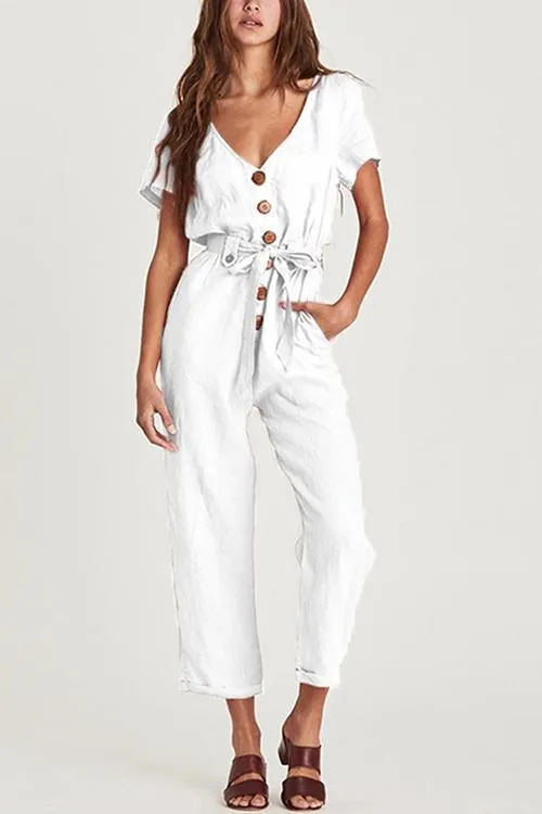 Button V Neck Short Sleeve Jumpsuit