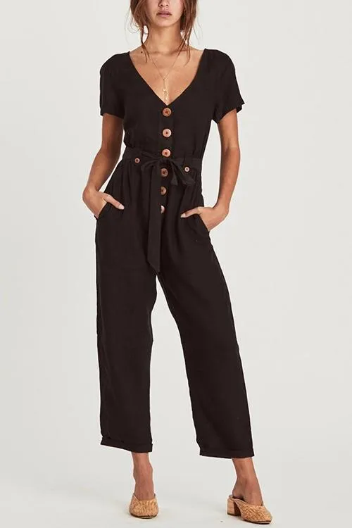 Button V Neck Short Sleeve Jumpsuit