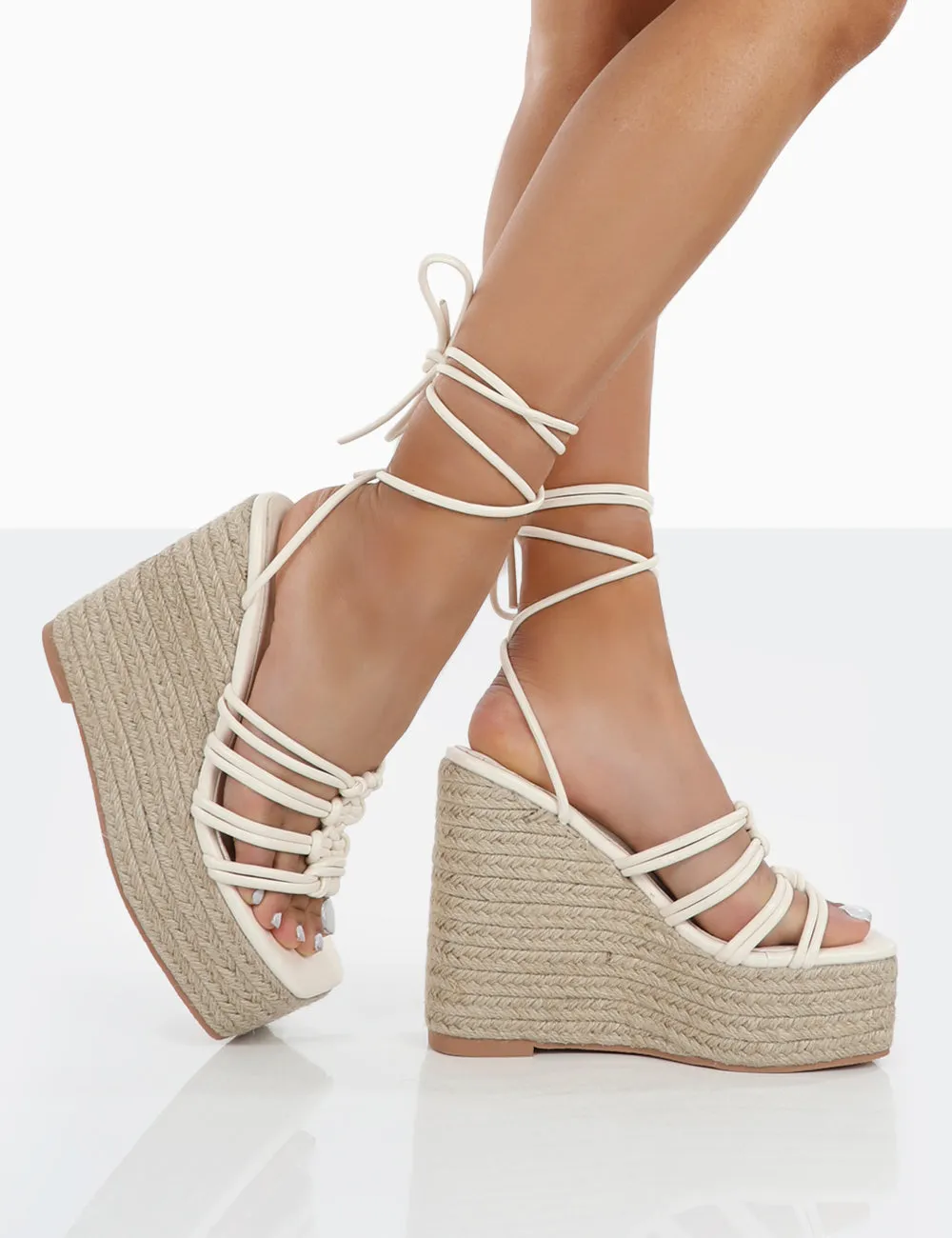 Chakkra Ecru PU High Heeled Sandal Espadrilles Wedges