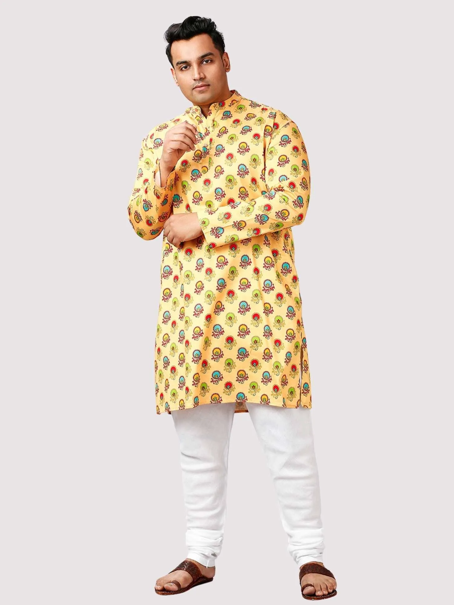 Chamak Printed Yellow White Kurta Men's Plus Size