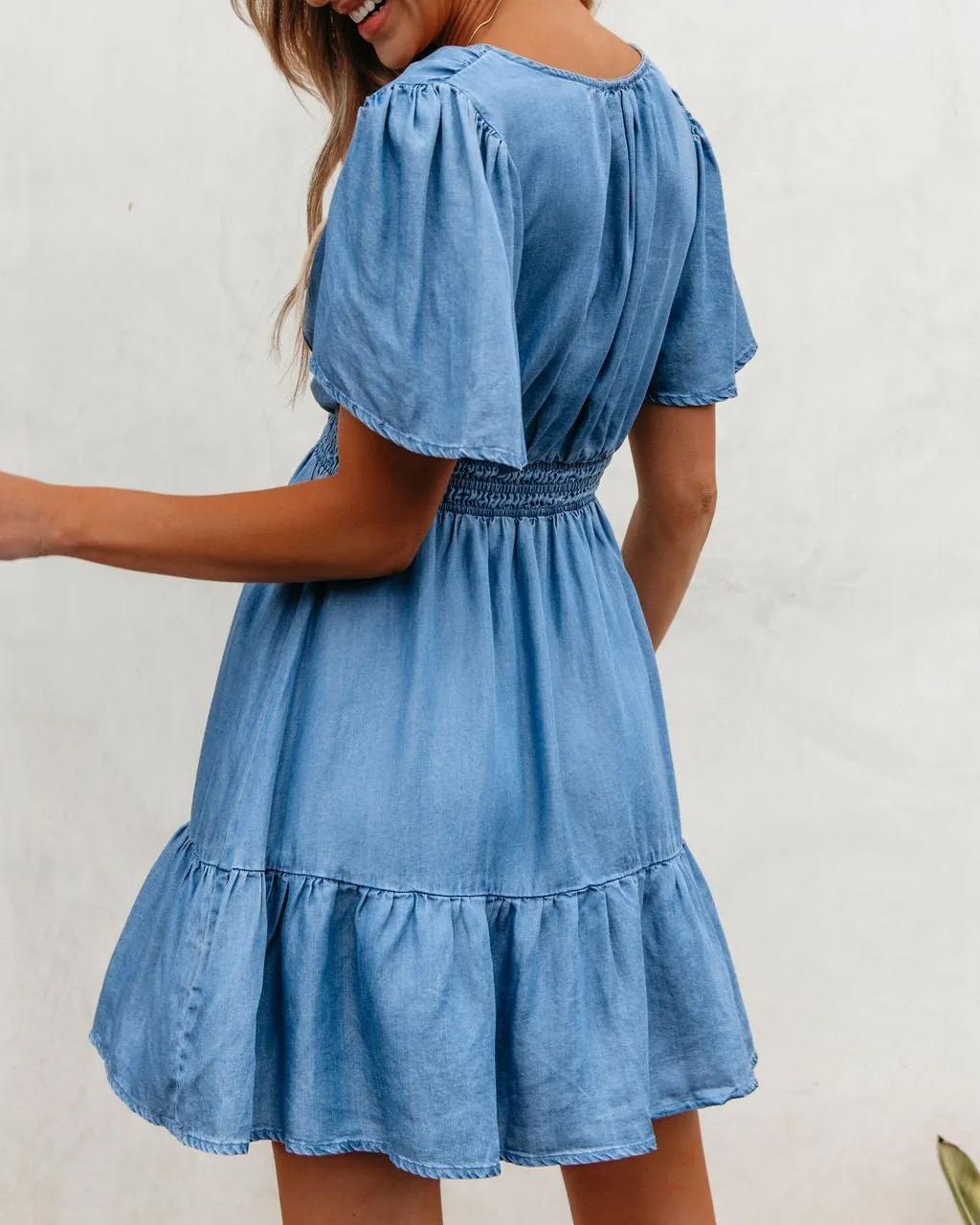 Chambray Split Neck Smocked Mini Dress